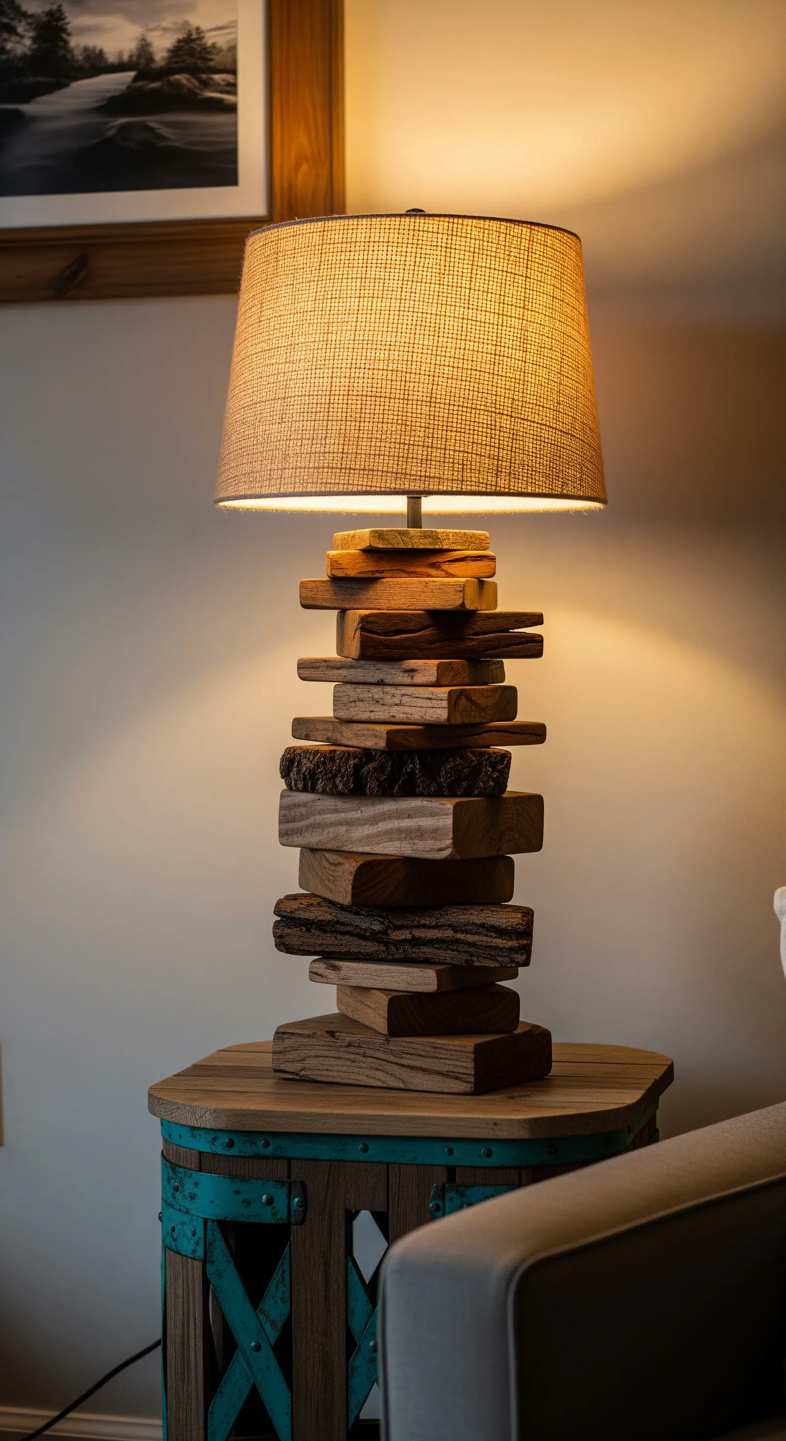 Base di una lampada da tavolo realizzata con blocchi di legno di recupero impilati in modo irregolare.