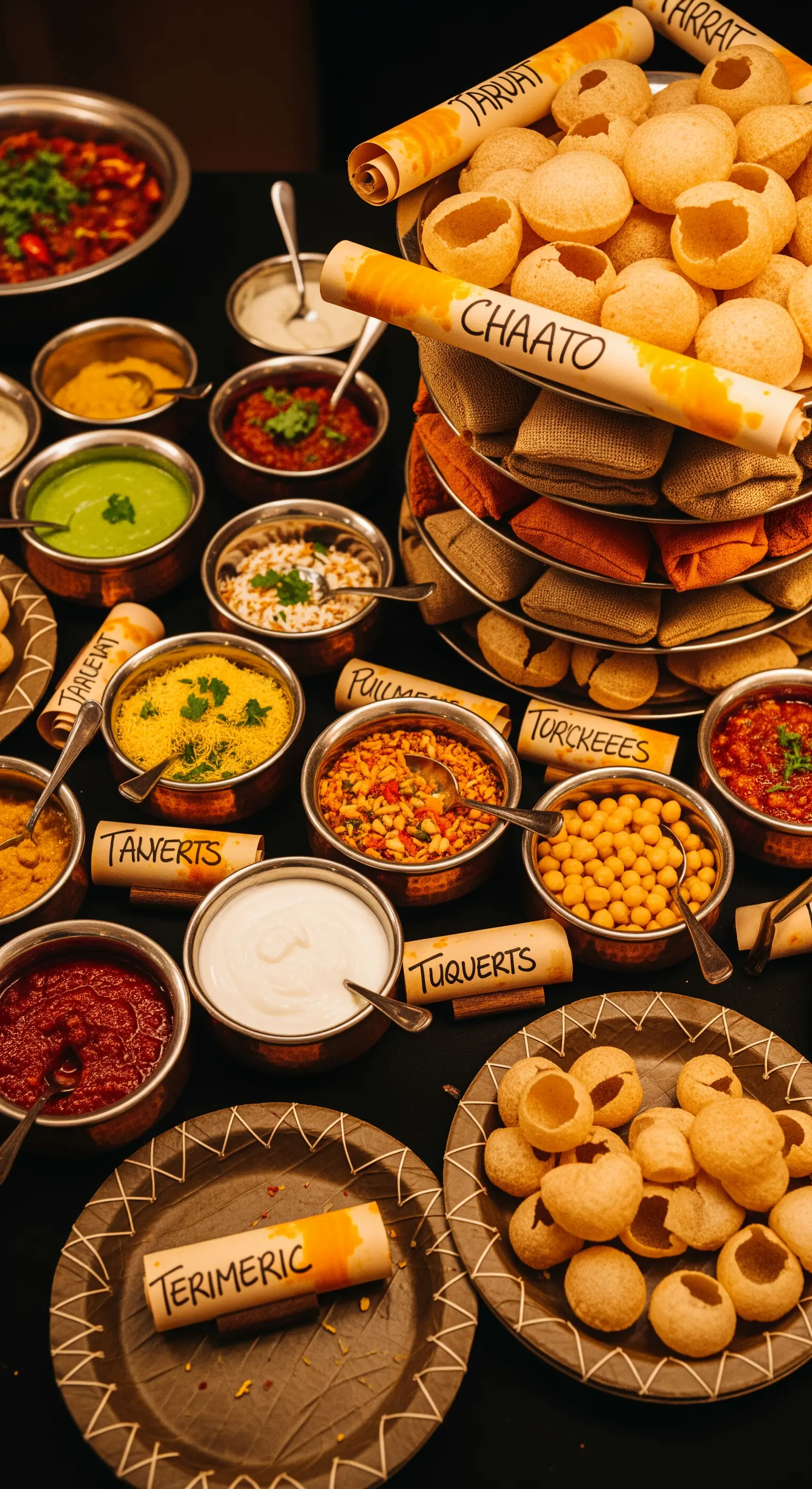 Buffet di street food indiano (chaat) con salse e ingredienti in ciotole di rame.