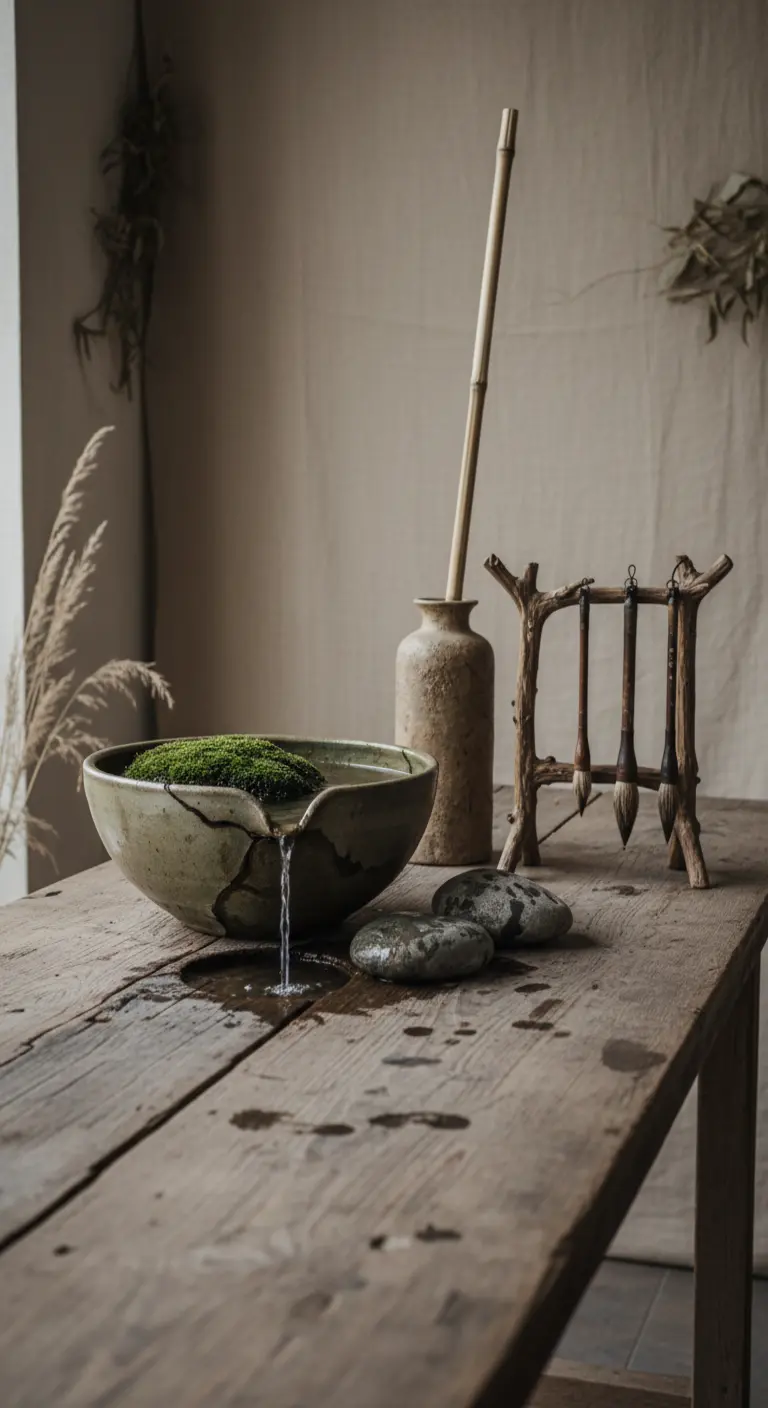 Composizione wabi-sabi con ciotola in ceramica crepata usata come fontana, su un tavolo di legno.