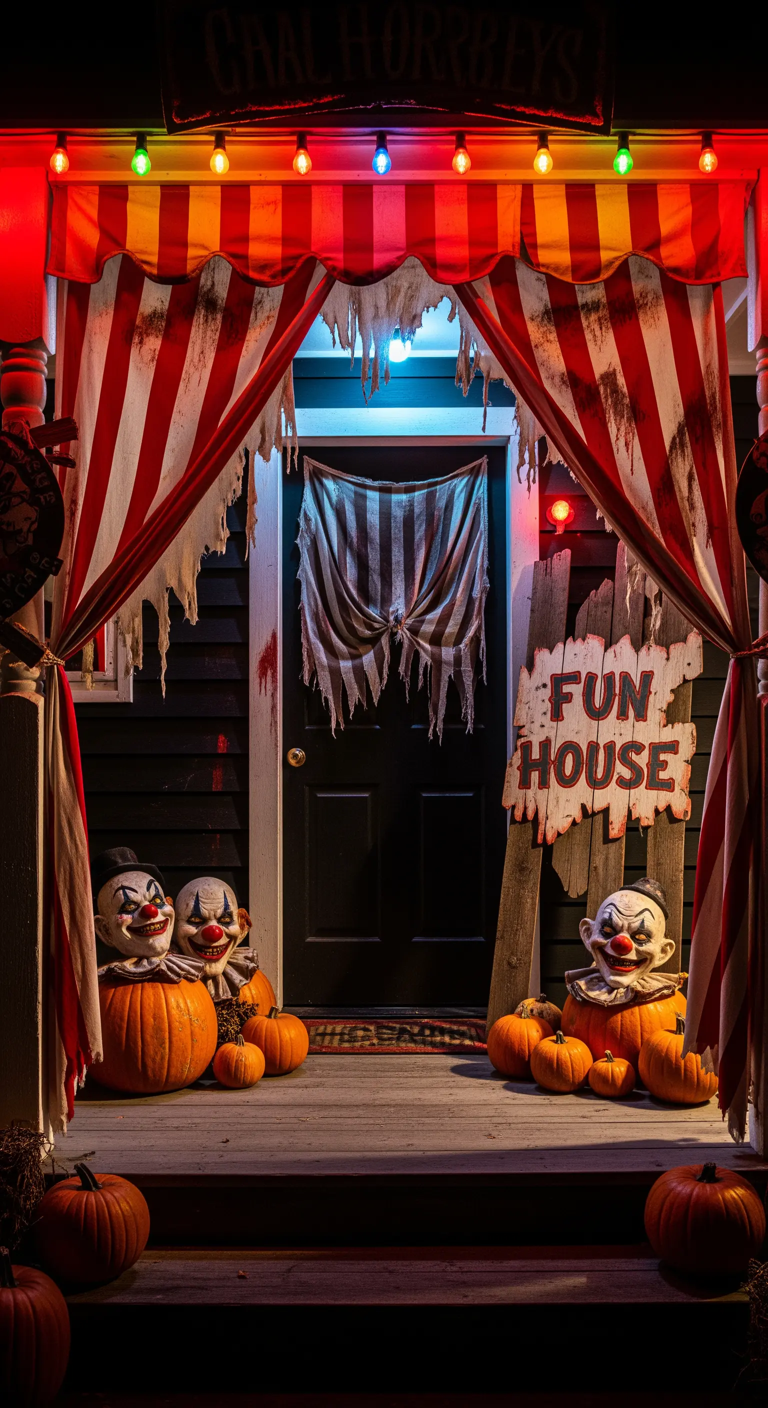 Ingresso a tema circo horror con tendone a righe, clown spaventosi e zucche intagliate.
