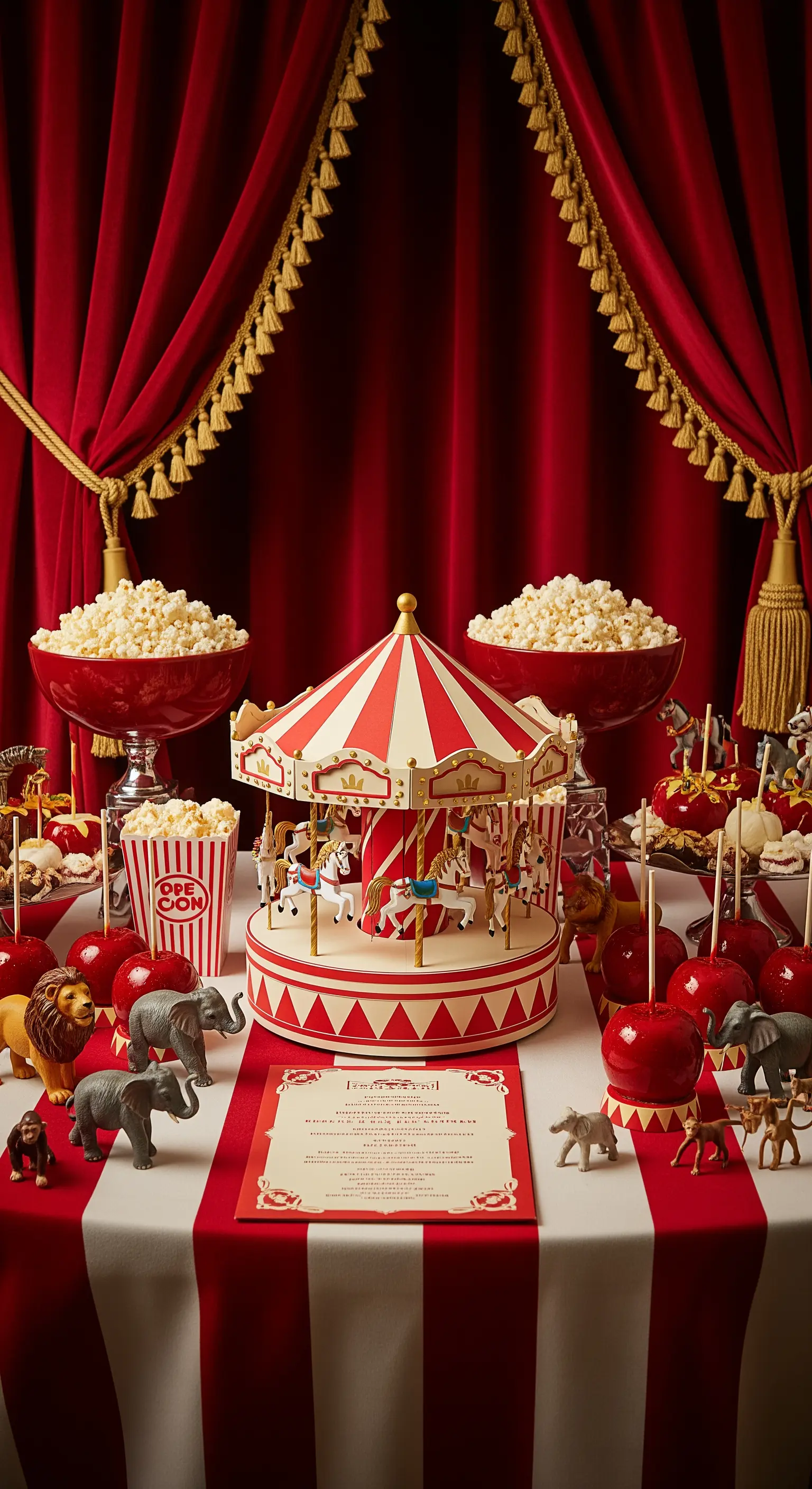 Tavolo a tema circo con carosello, popcorn e mele caramellate; l'invito è al centro.
