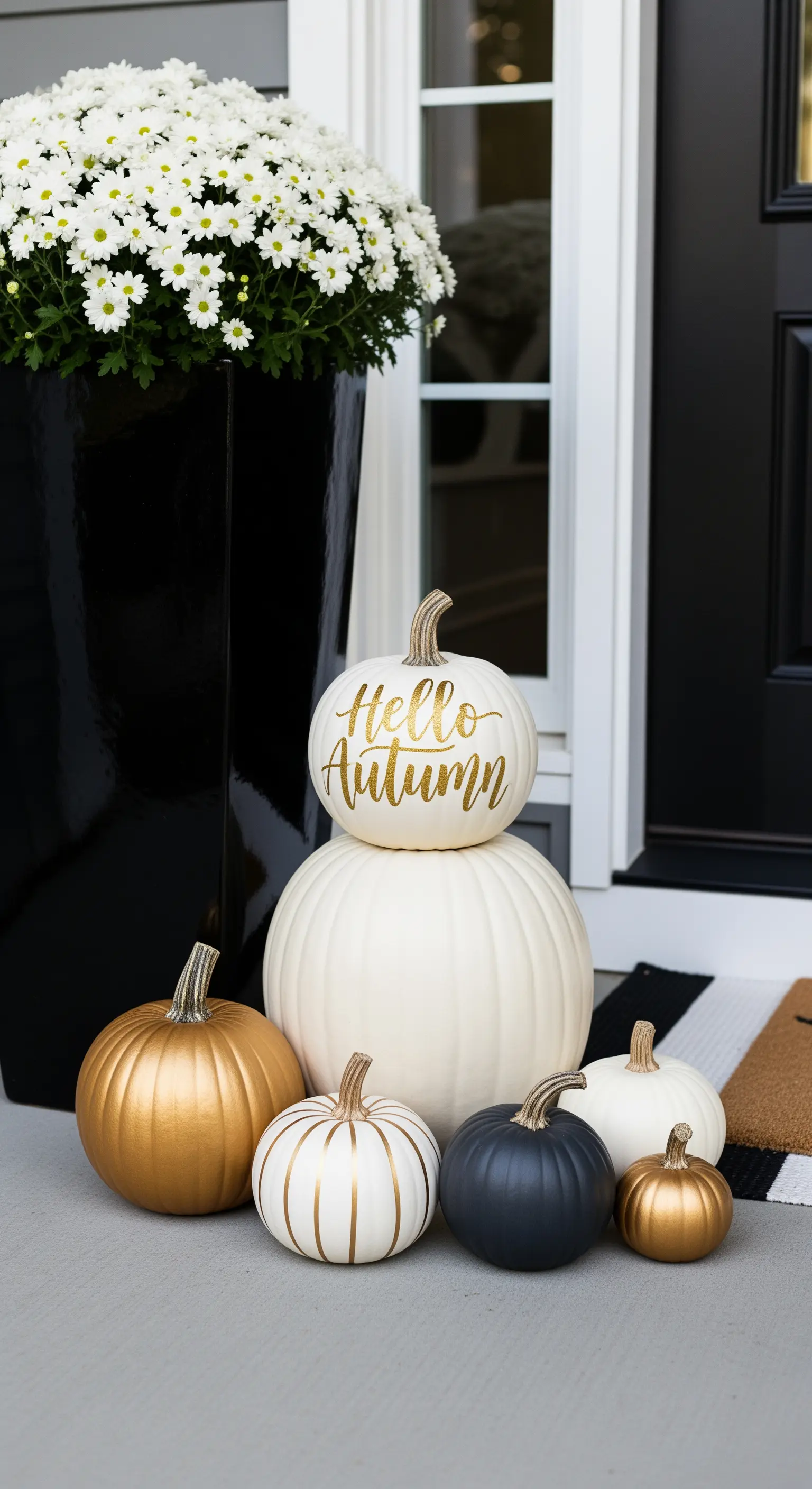 Gruppo di zucche bianche, nere e oro all'ingresso, una con la scritta