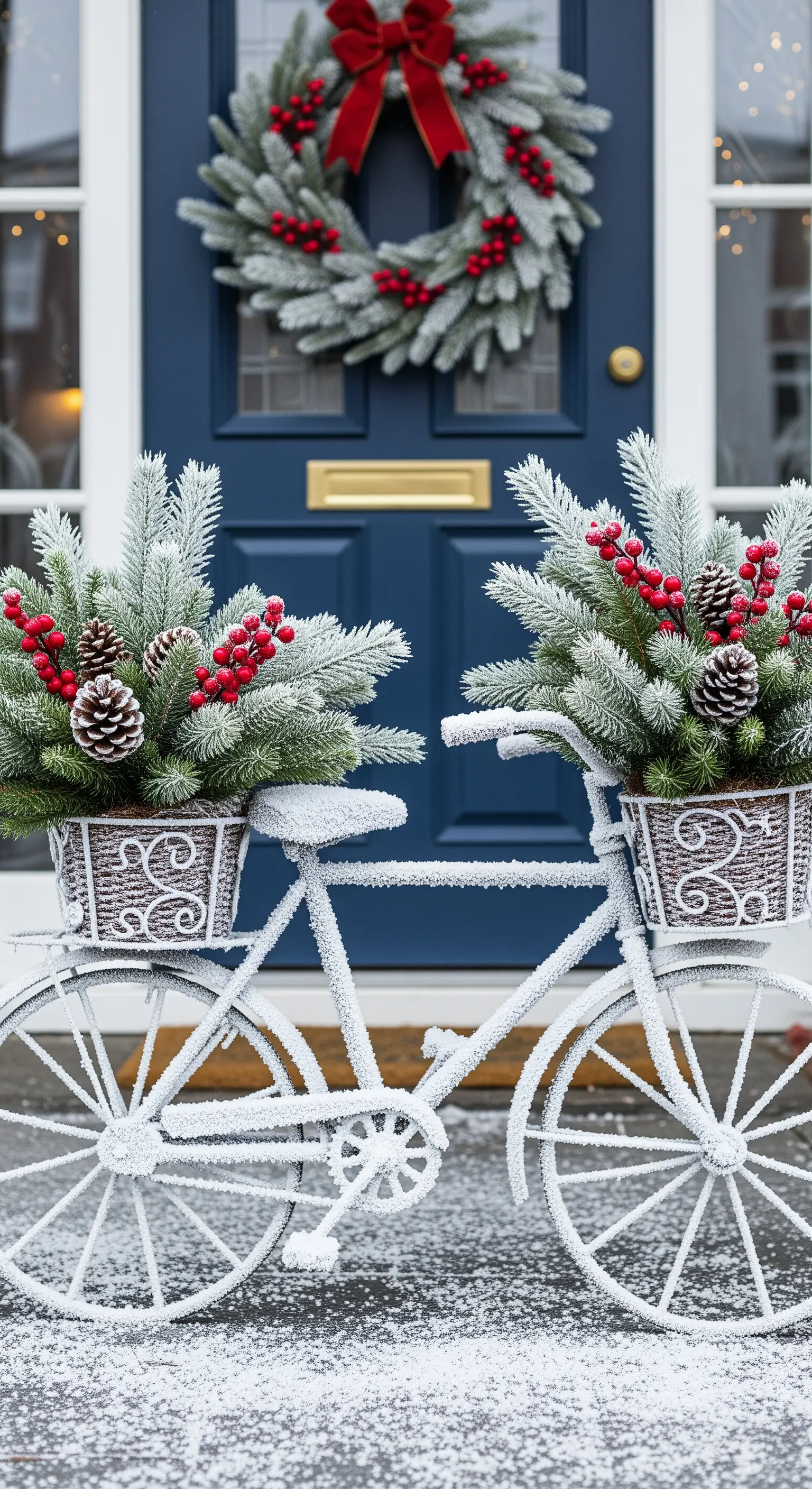 Bicicletta bianca con effetto brina, decorata con pino, pigne e bacche rosse per Natale.