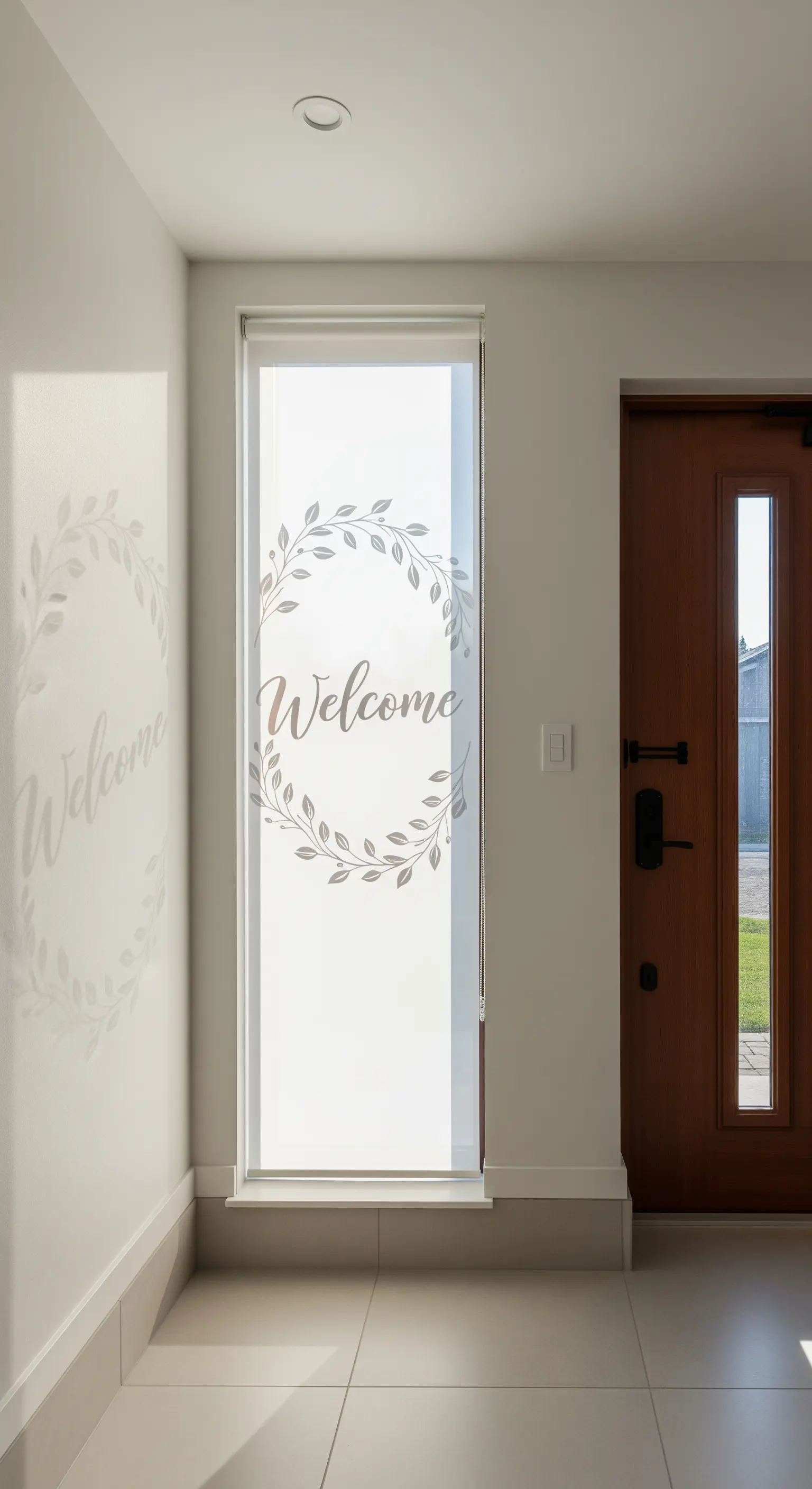 Tenda a rullo bianca e traslucida all'ingresso con una ghirlanda e la scritta 