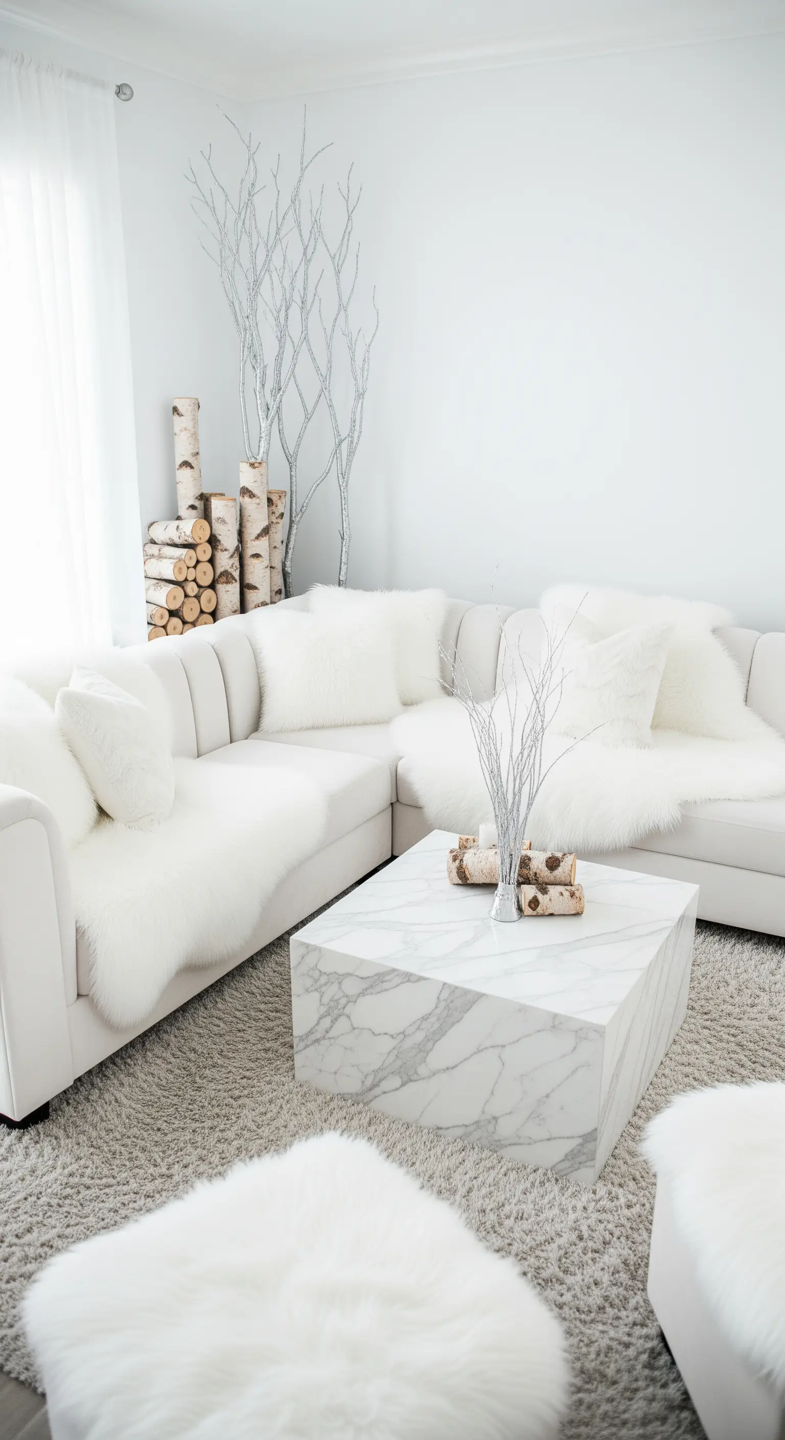 Soggiorno total white con divano, coperte in pelliccia sintetica e rami decorativi argentati.