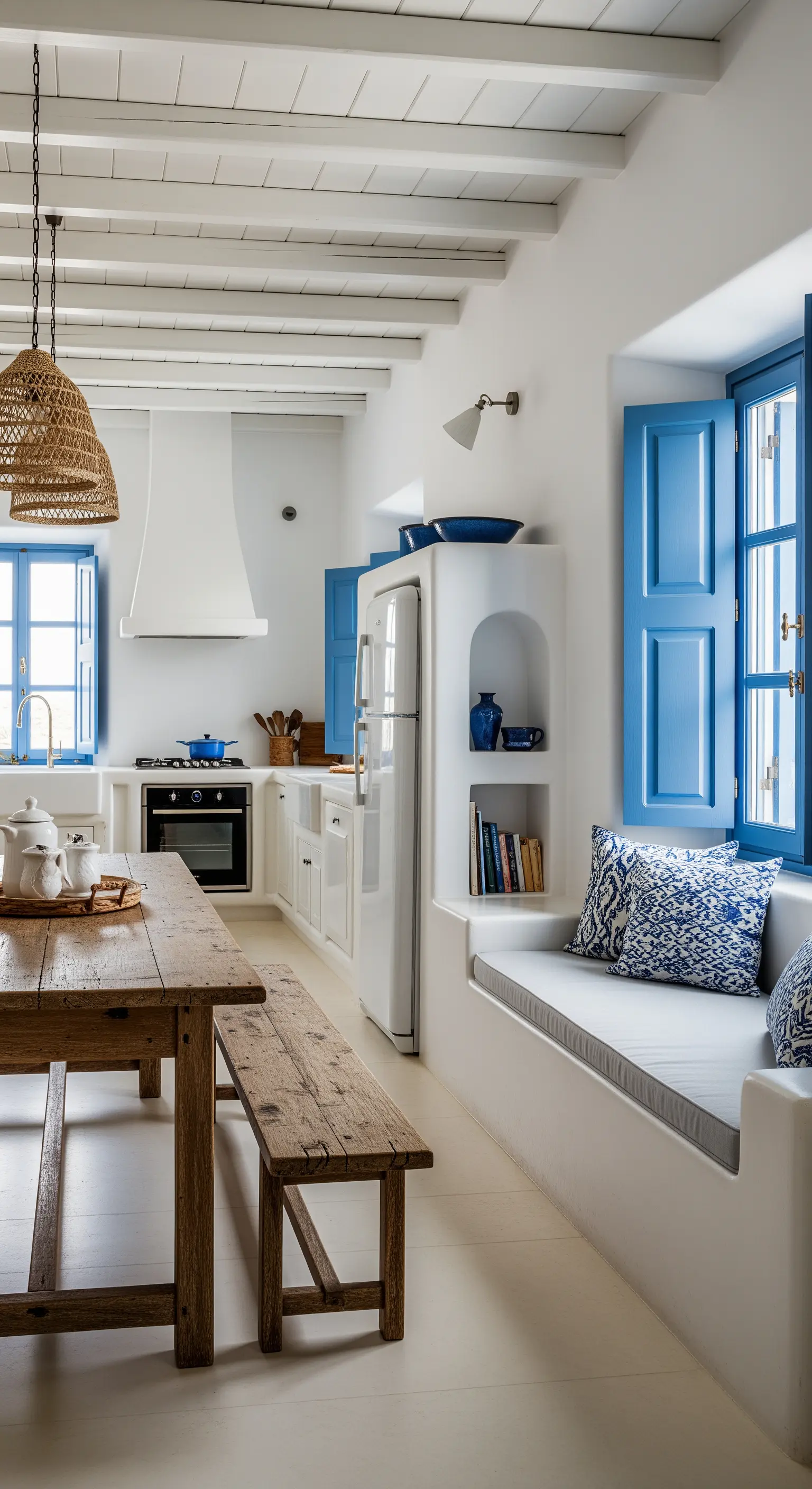 Cucina in stile greco con pareti bianche, scuri blu, panca in muratura e tavolo in legno.