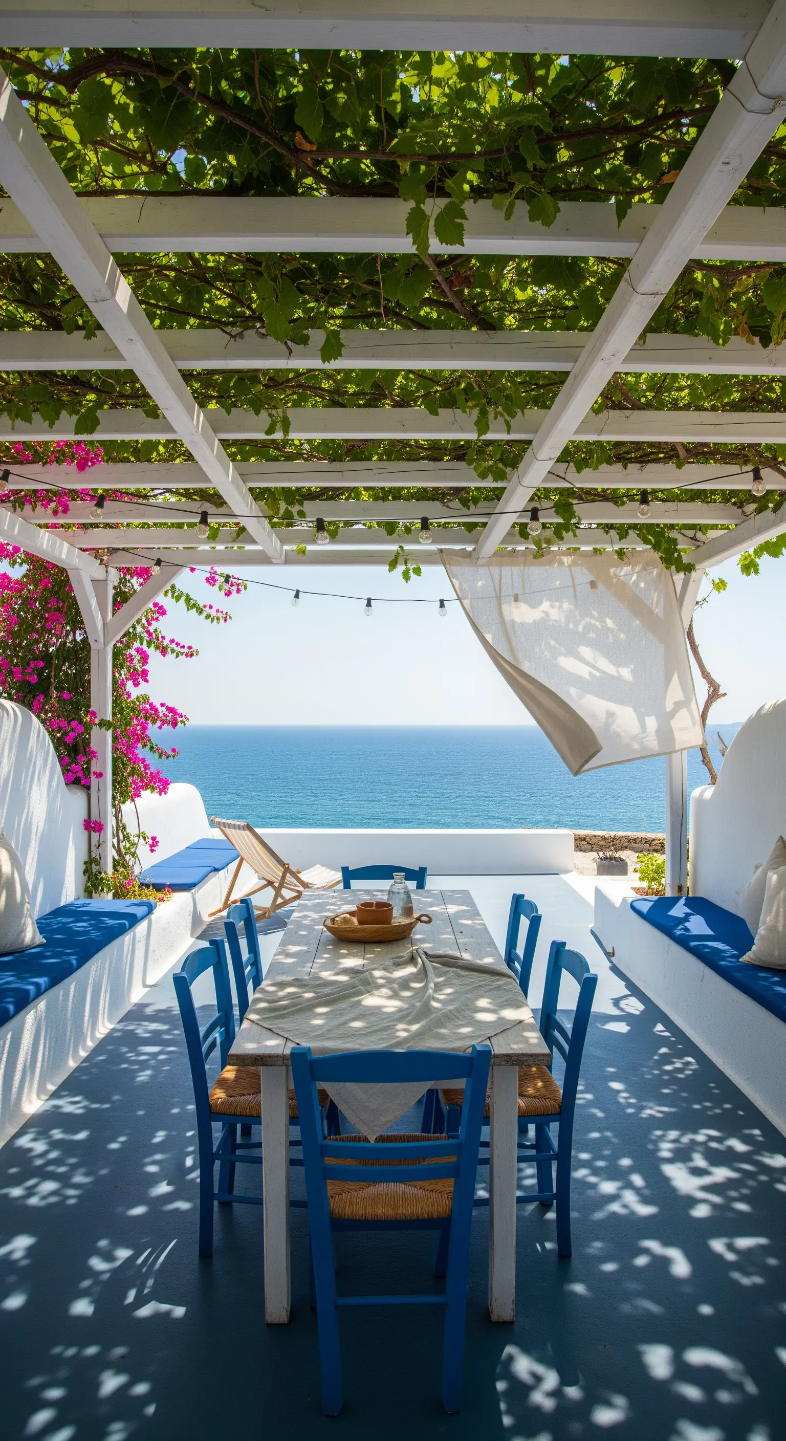 Terrazza vista mare con pergola bianca, tavolo e sedie in legno blu.