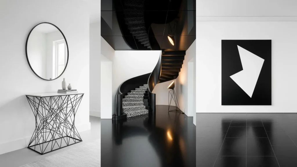 Ingresso monocromatico di design in bianco e nero, con scala a chiocciola, tavolo console geometrico e arte astratta.