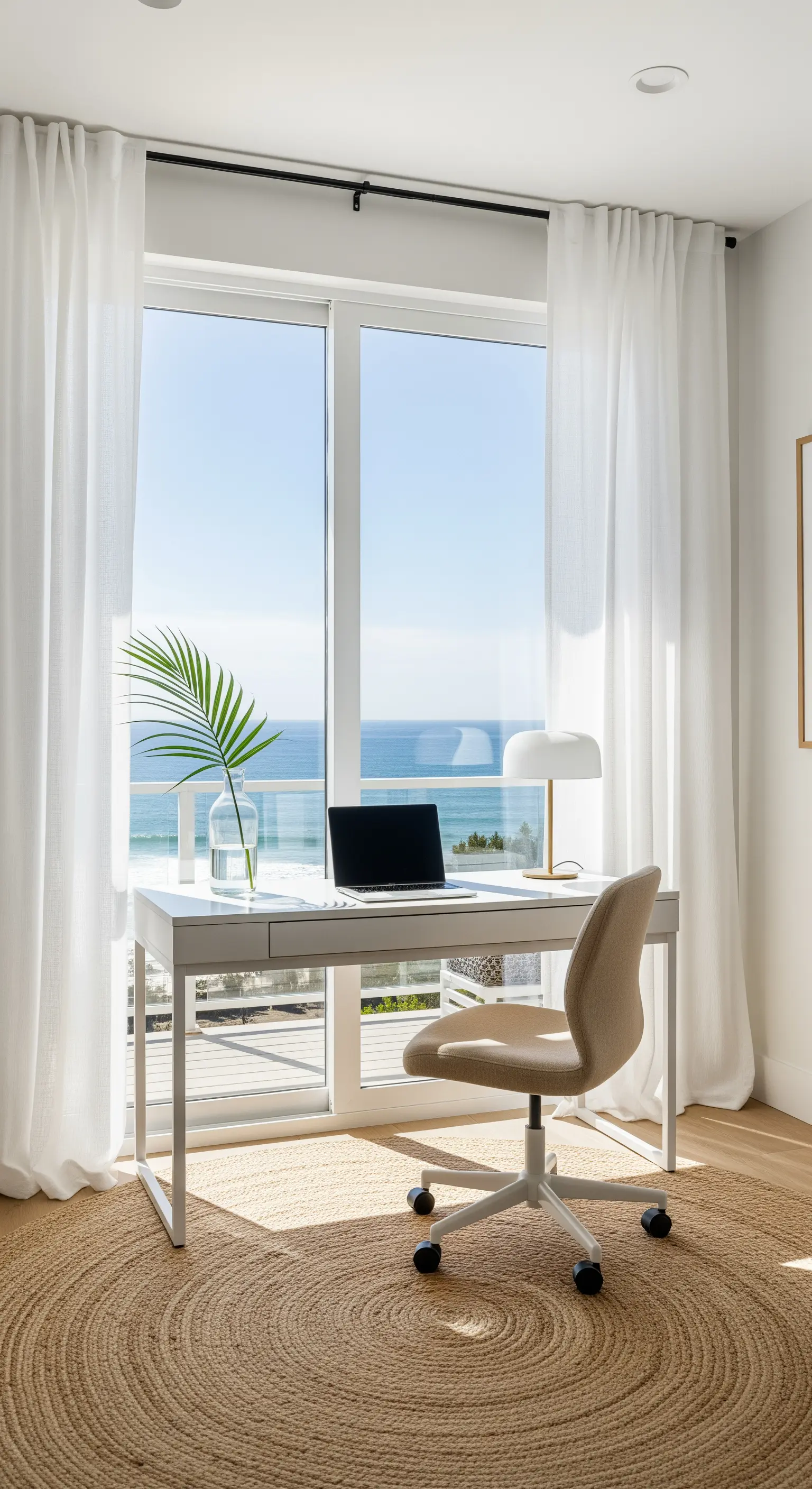 Ufficio domestico con scrivania bianca e tende leggere affacciato sul mare.