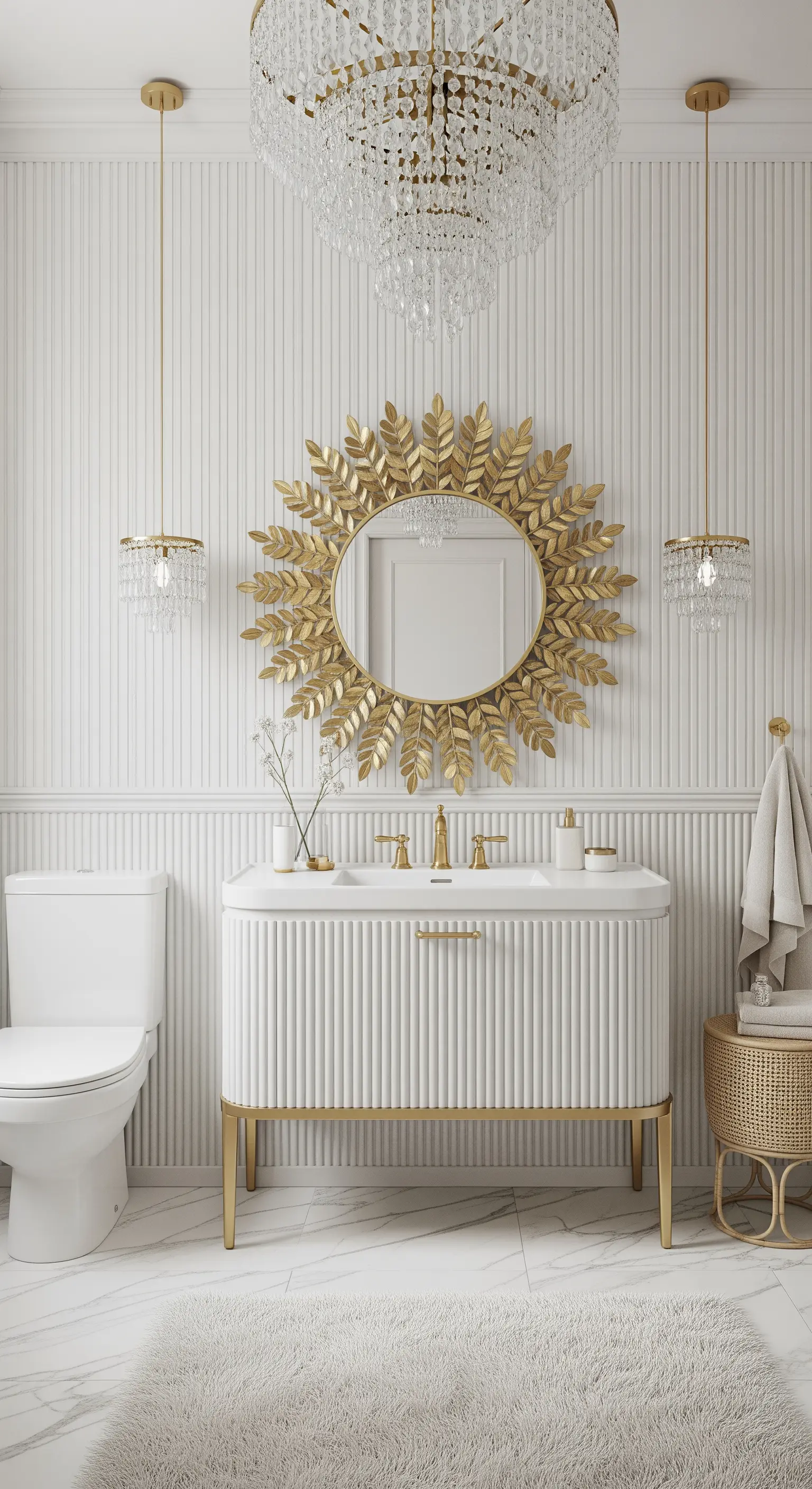 Bagno total white con pareti e mobile a listelli, specchio dorato a forma di sole e lampadario di cristallo.