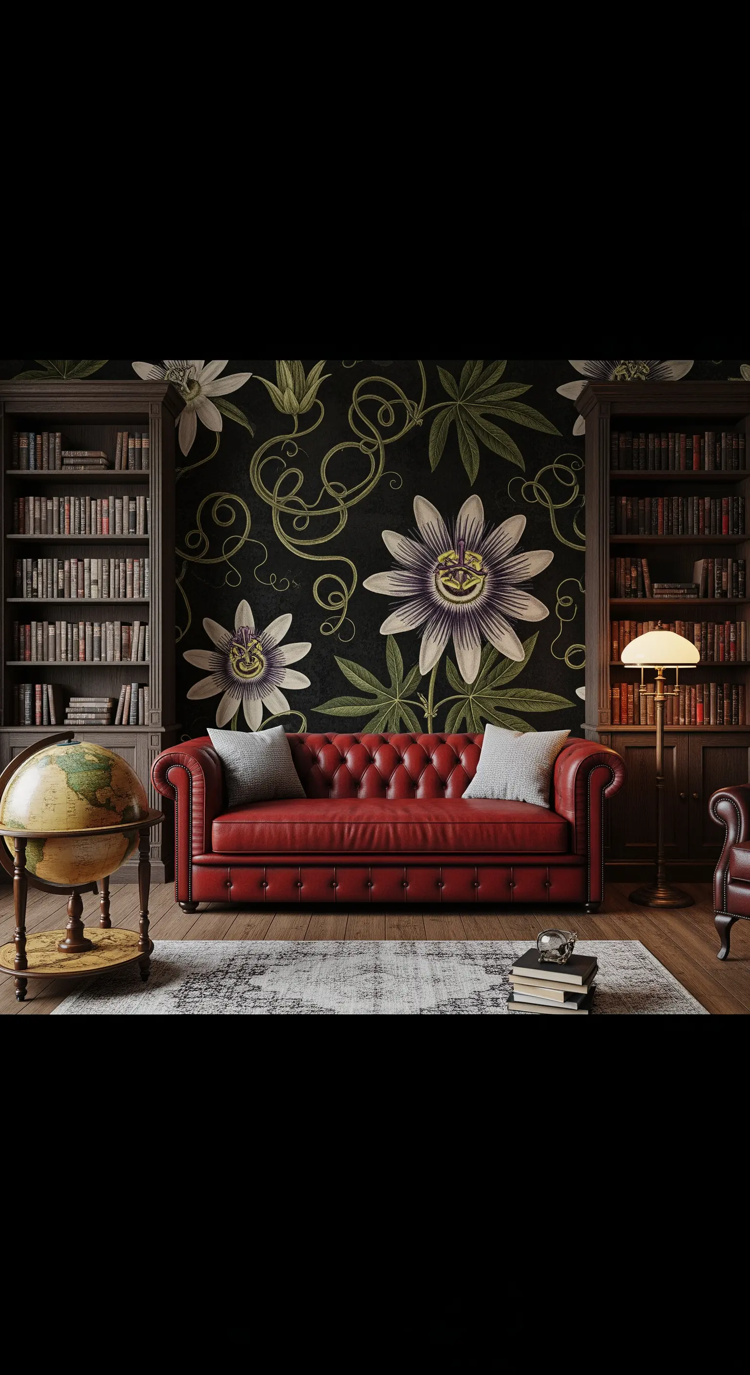 Studio con carta da parati a fiori di passiflora e un divano Chesterfield in pelle rossa.