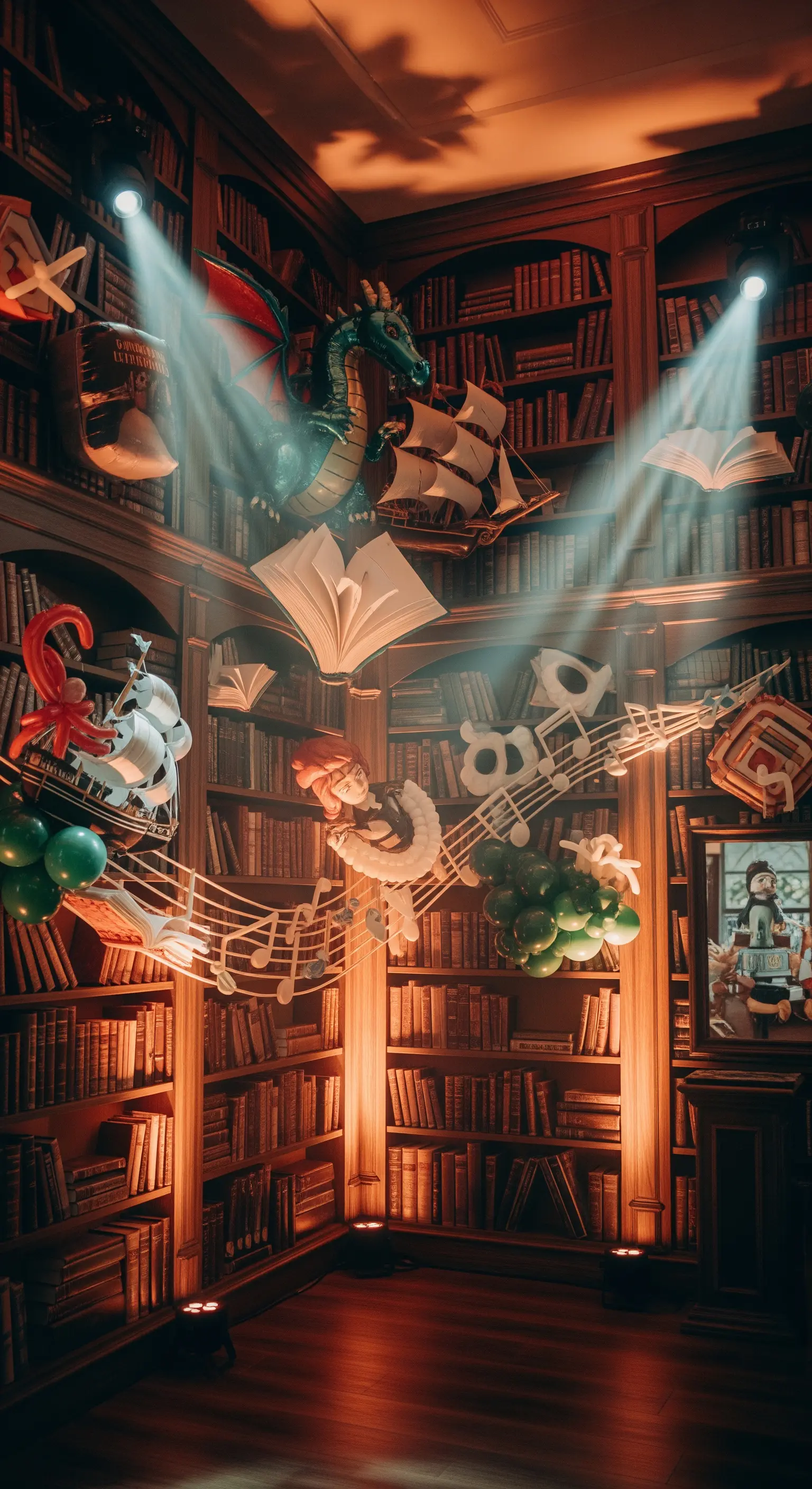 Libreria antica con sculture di palloncini (drago, ballerina) illuminate da faretti teatrali.
