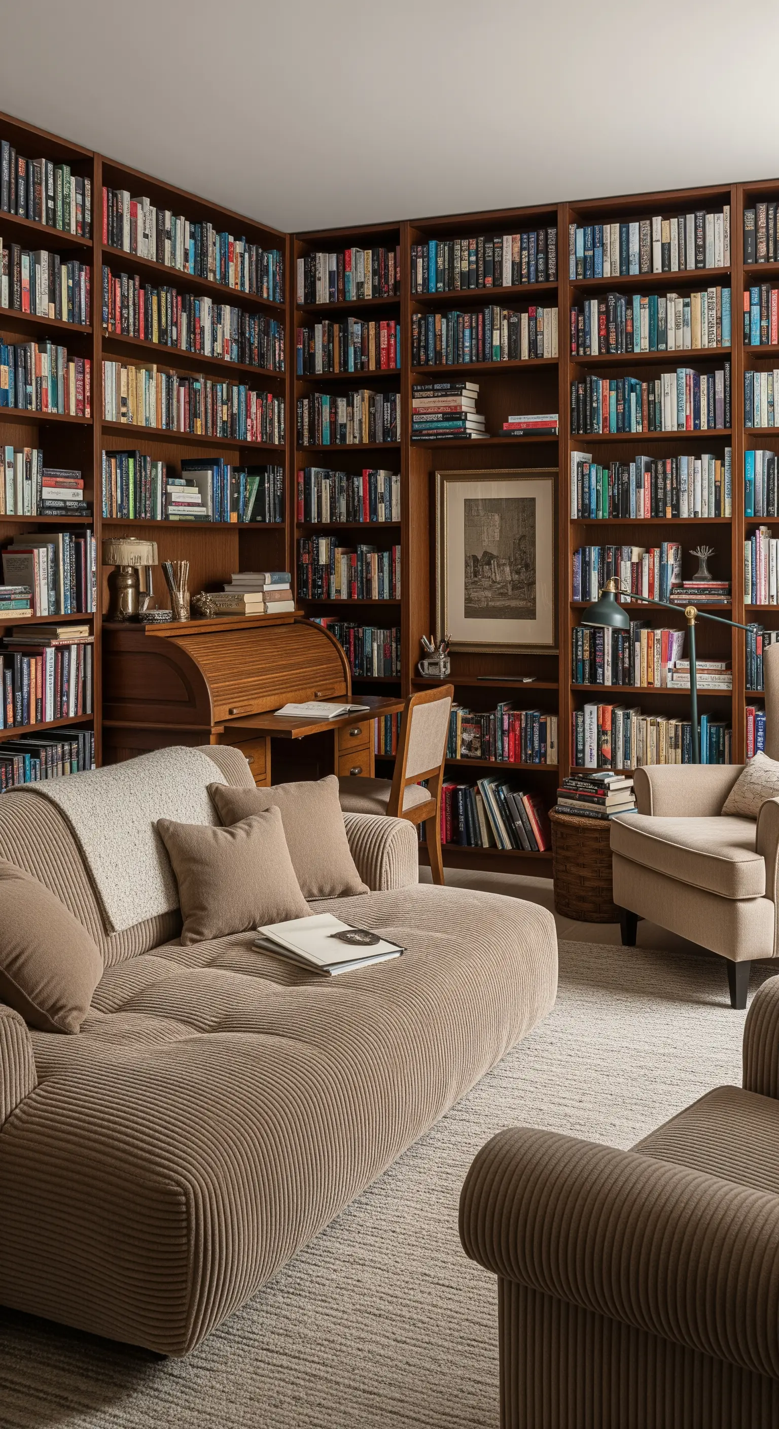 Salotto-biblioteca con librerie a tutta parete e un divano basso in velluto a coste.