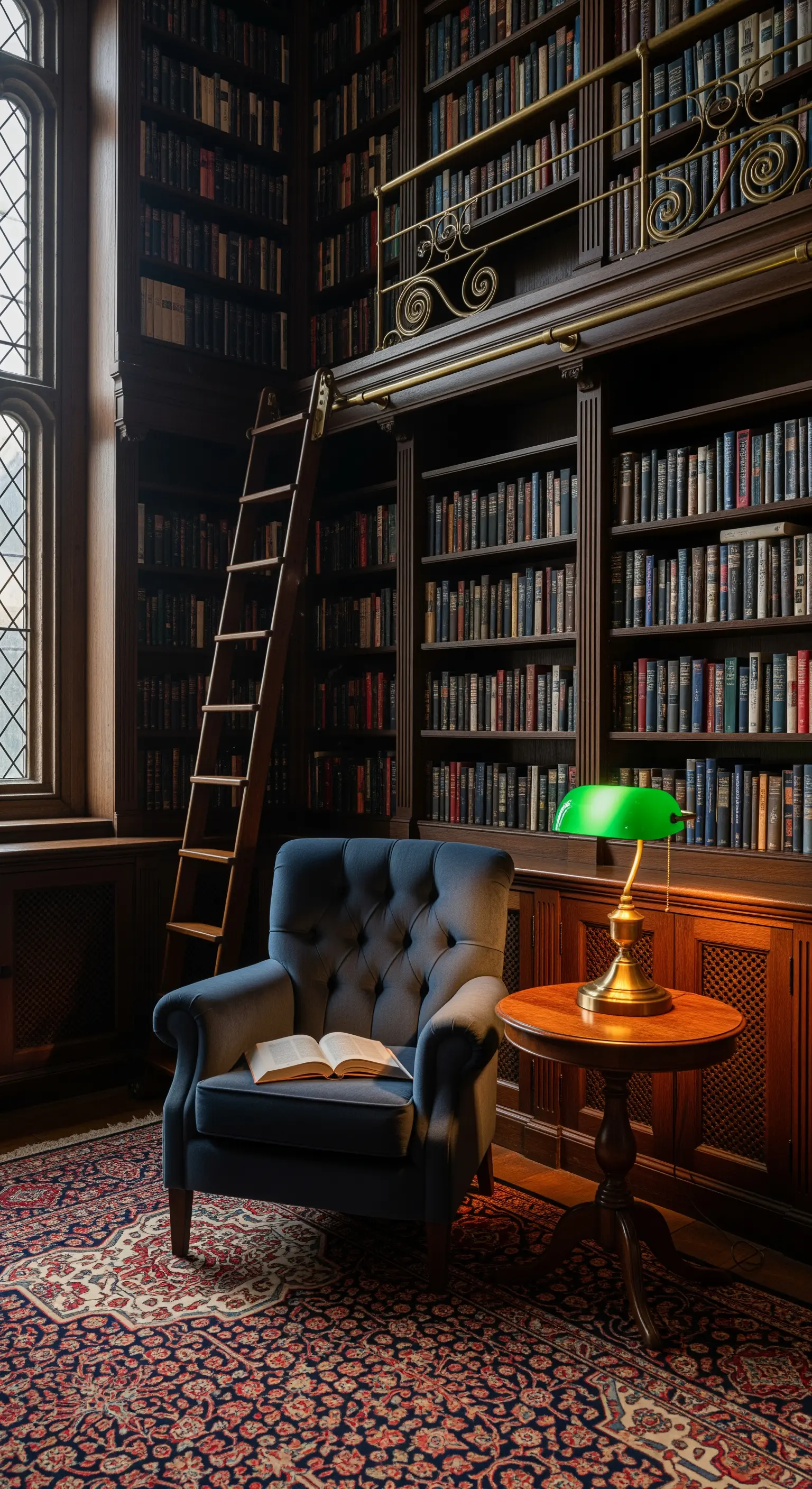 Poltrona blu in una biblioteca imponente con librerie scure a tutta altezza e scala a pioli.