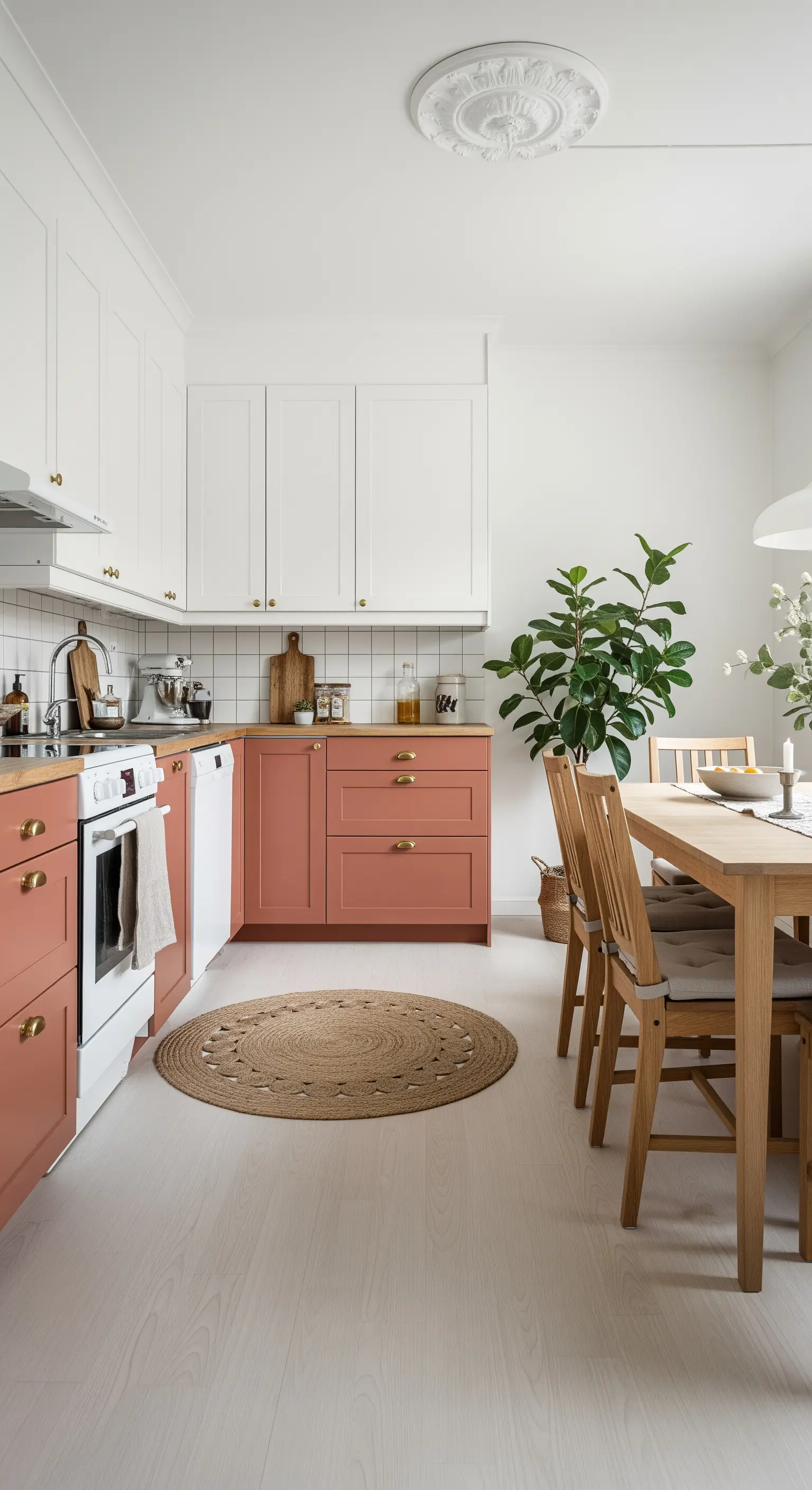 Cucina scandinava con basi terracotta, pensili bianchi e tappeto rotondo in iuta.