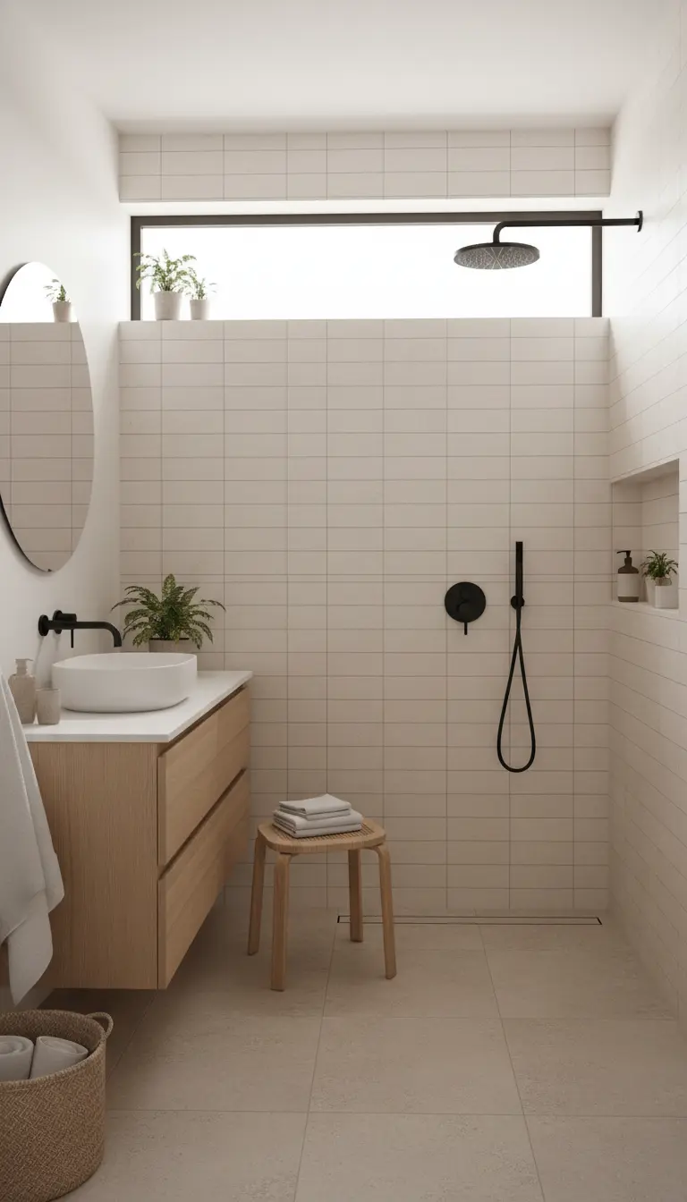 Bagno luminoso con piastrelle rettangolari chiare, mobile in legno e rubinetteria nera opaca.