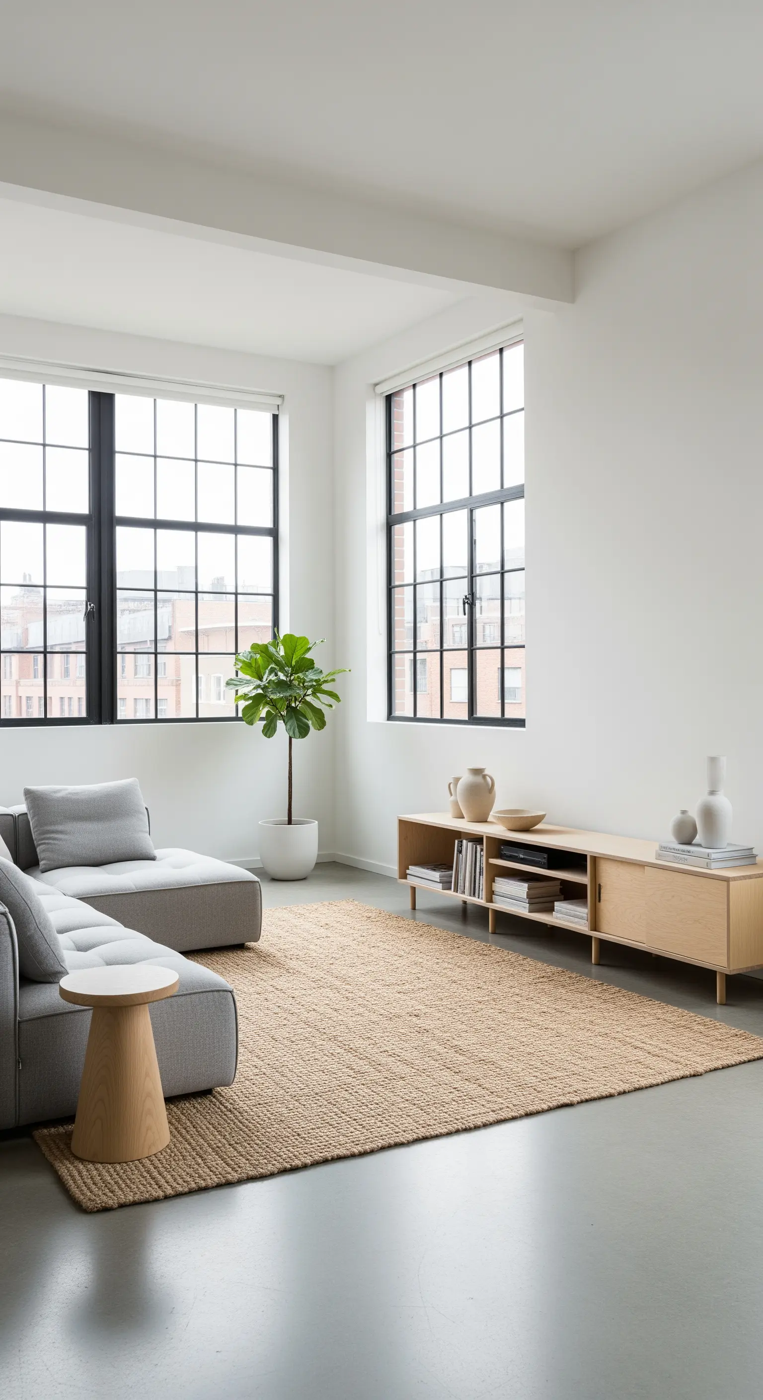 Divano grigio e mobile basso in legno su un grande tappeto di iuta in un loft moderno.