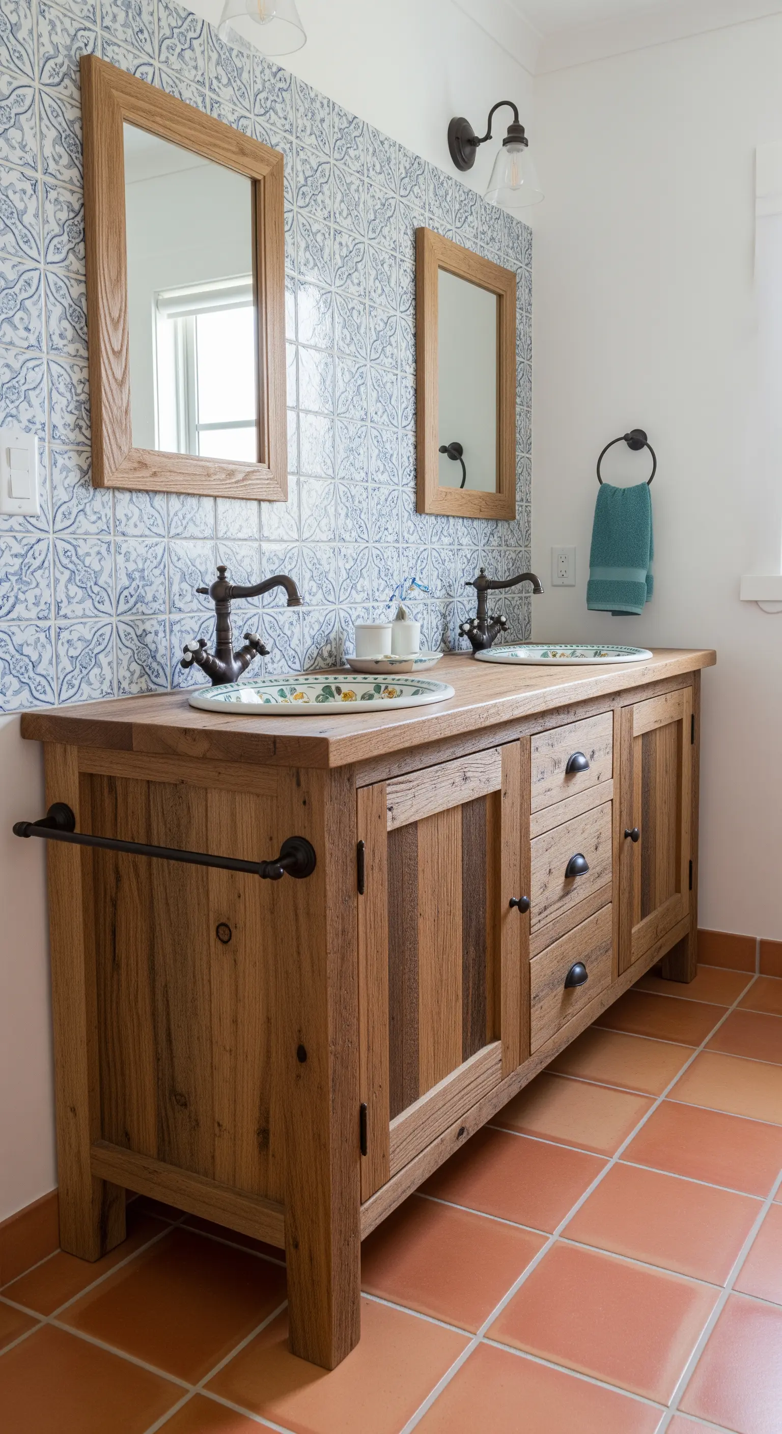 Mobile da bagno in legno massiccio con lavabi a incasso e maioliche azzurre.