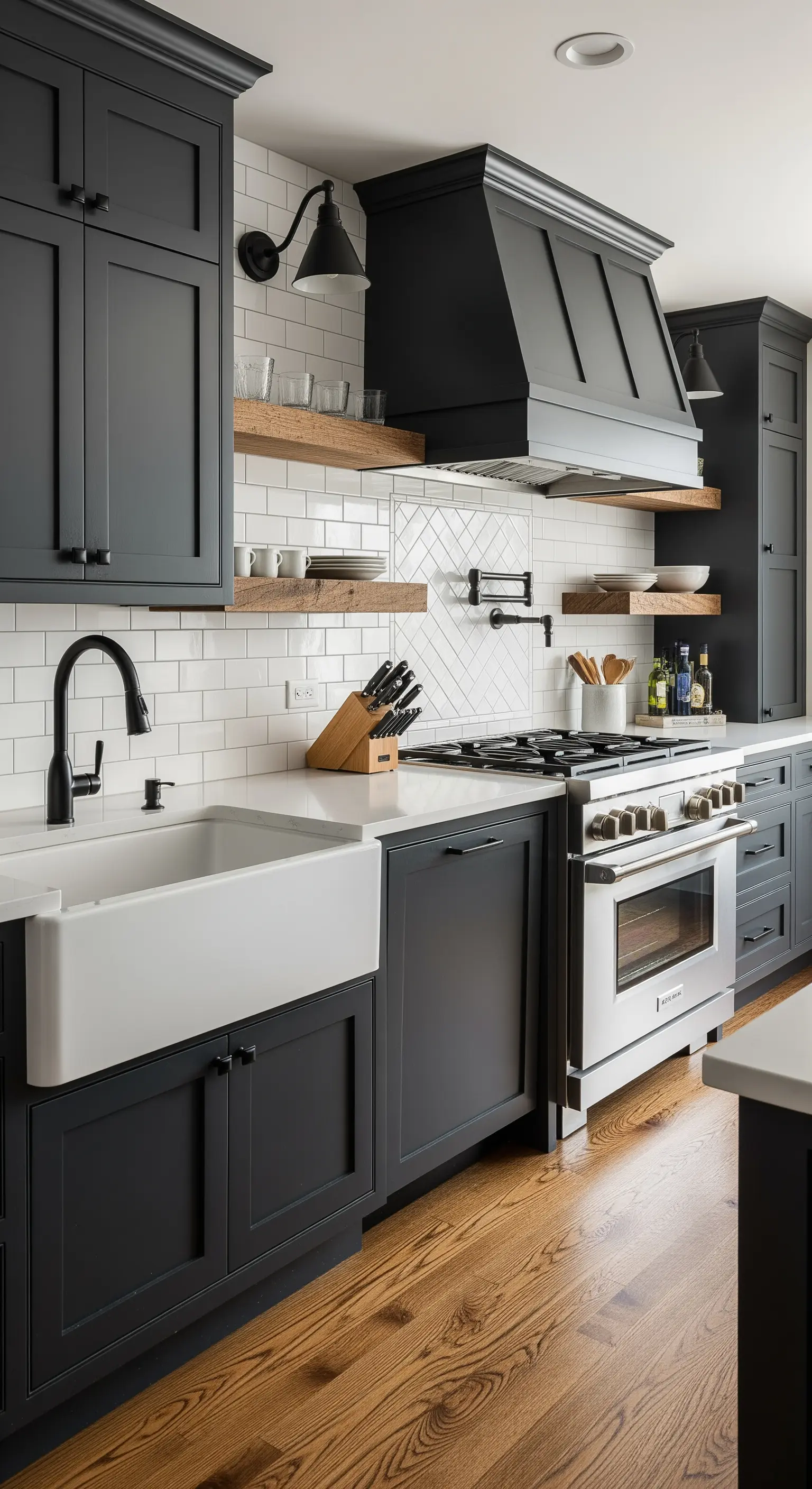 Cucina farmhouse con mobili neri, lavello a grembiule e mensole in legno grezzo.