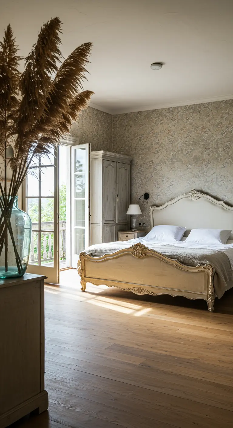 Camera da letto elegante con letto dorato, armadio decapato e carta da parati materica.