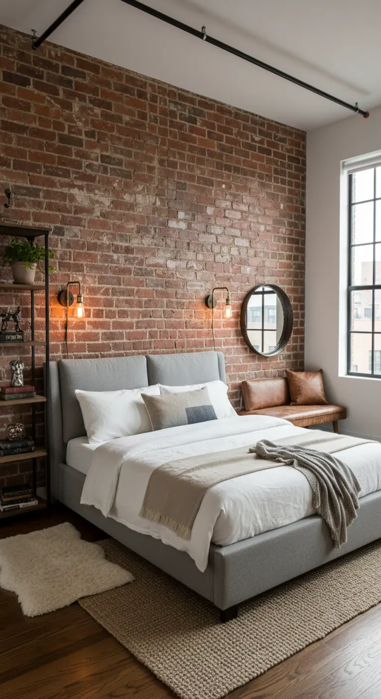 Camera da letto con parete di mattoni a vista, letto imbottito grigio e illuminazione industriale.