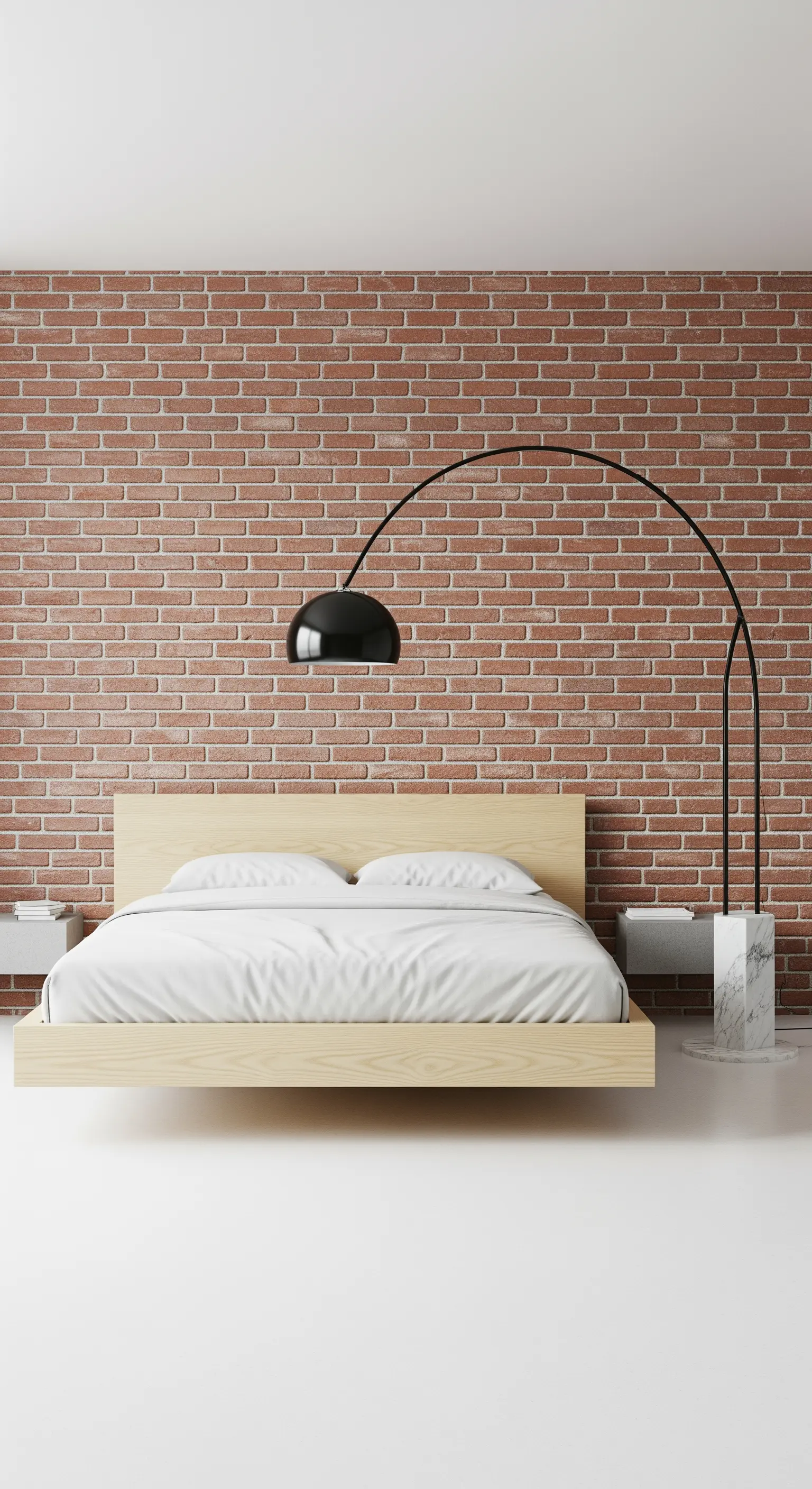 Stanza minimalista con parete di mattoni, letto in legno chiaro e una grande lampada ad arco nera.
