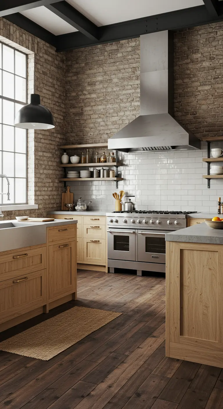 Cucina industrial-scandinava con parete in mattoni, mobili in legno e cappa in acciaio.
