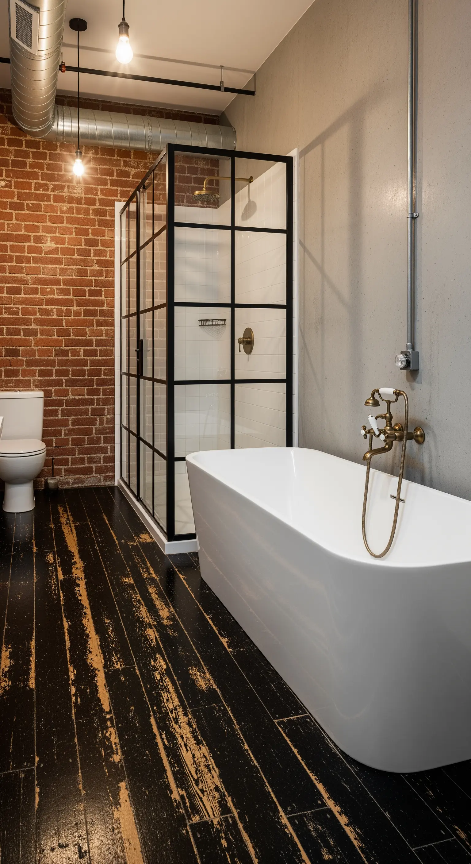 Bagno in stile industriale con parete in mattoni, parquet scuro vissuto e vasca bianca moderna.
