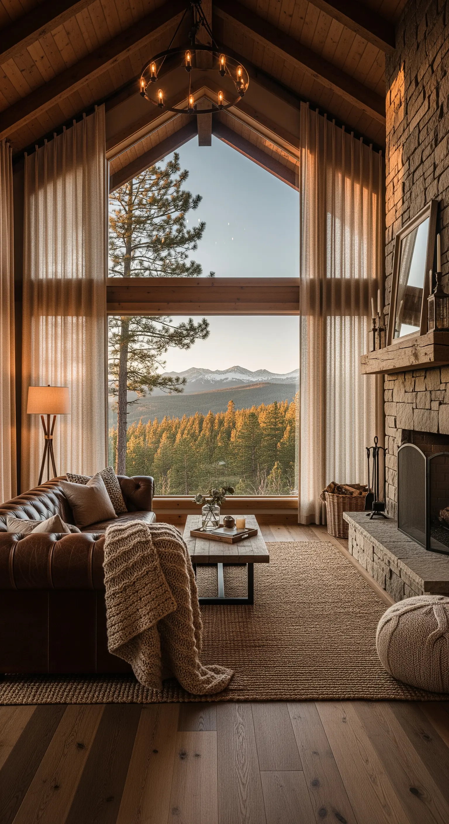 Salotto rustico in baita con camino in pietra, divano in pelle e grande finestra sul bosco.