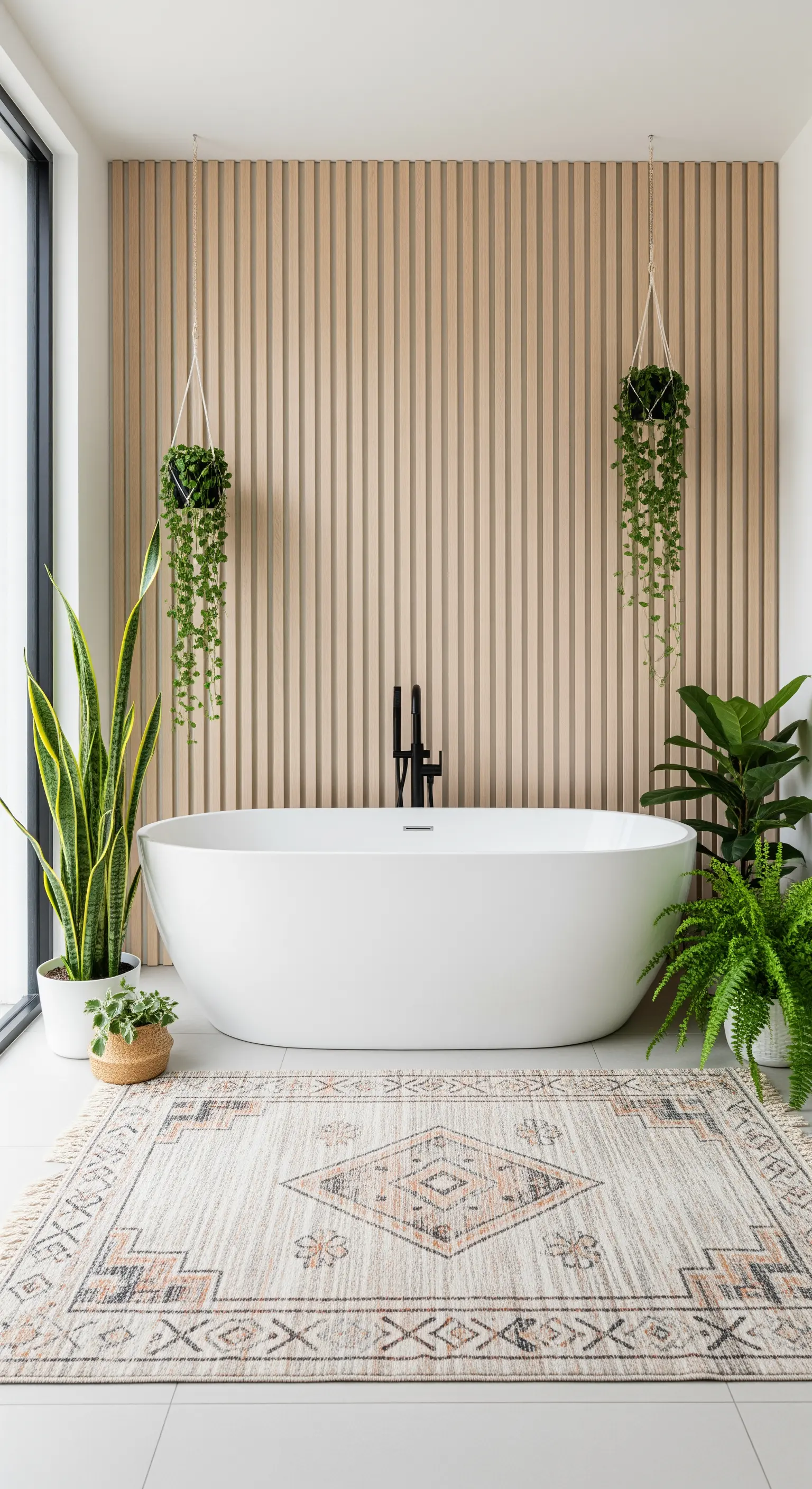 Bagno moderno con parete dogata in legno, vasca freestanding e tappeto dai toni neutri.