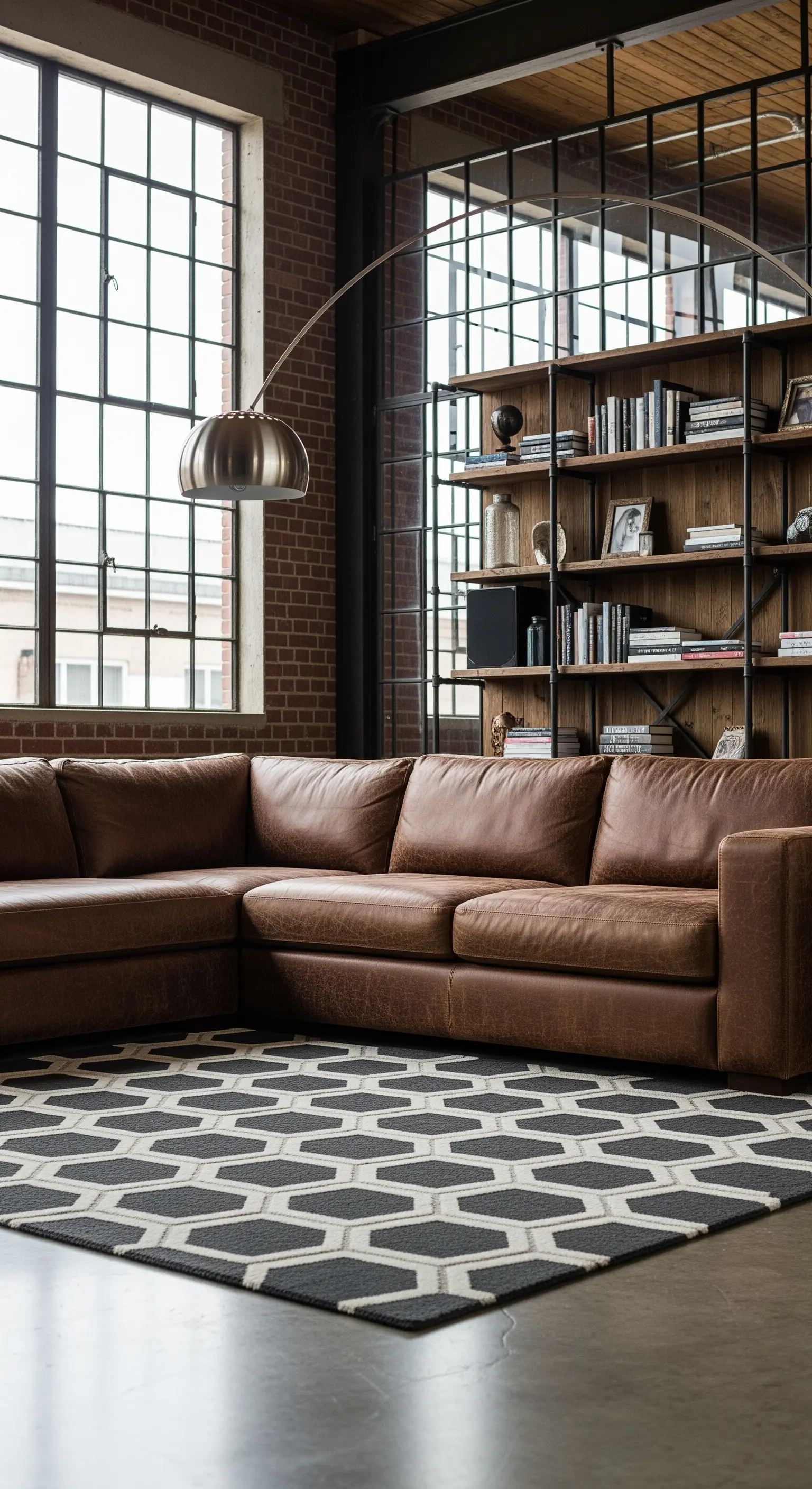 Salotto in stile industrial con divano in pelle marrone, tappeto a esagoni e lampada ad arco.