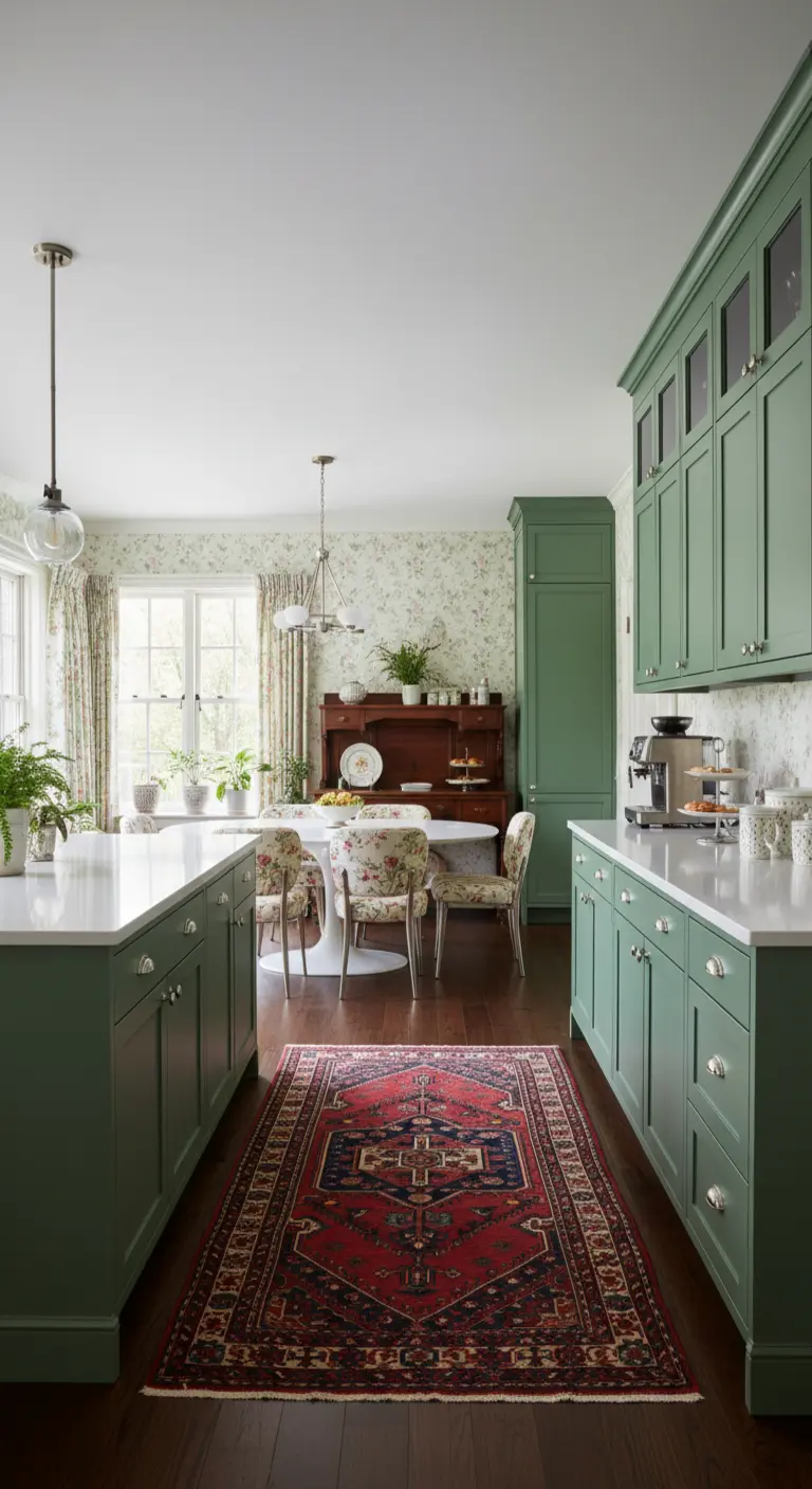 Cucina con mobili verdi, carta da parati floreale e runner persiano geometrico.