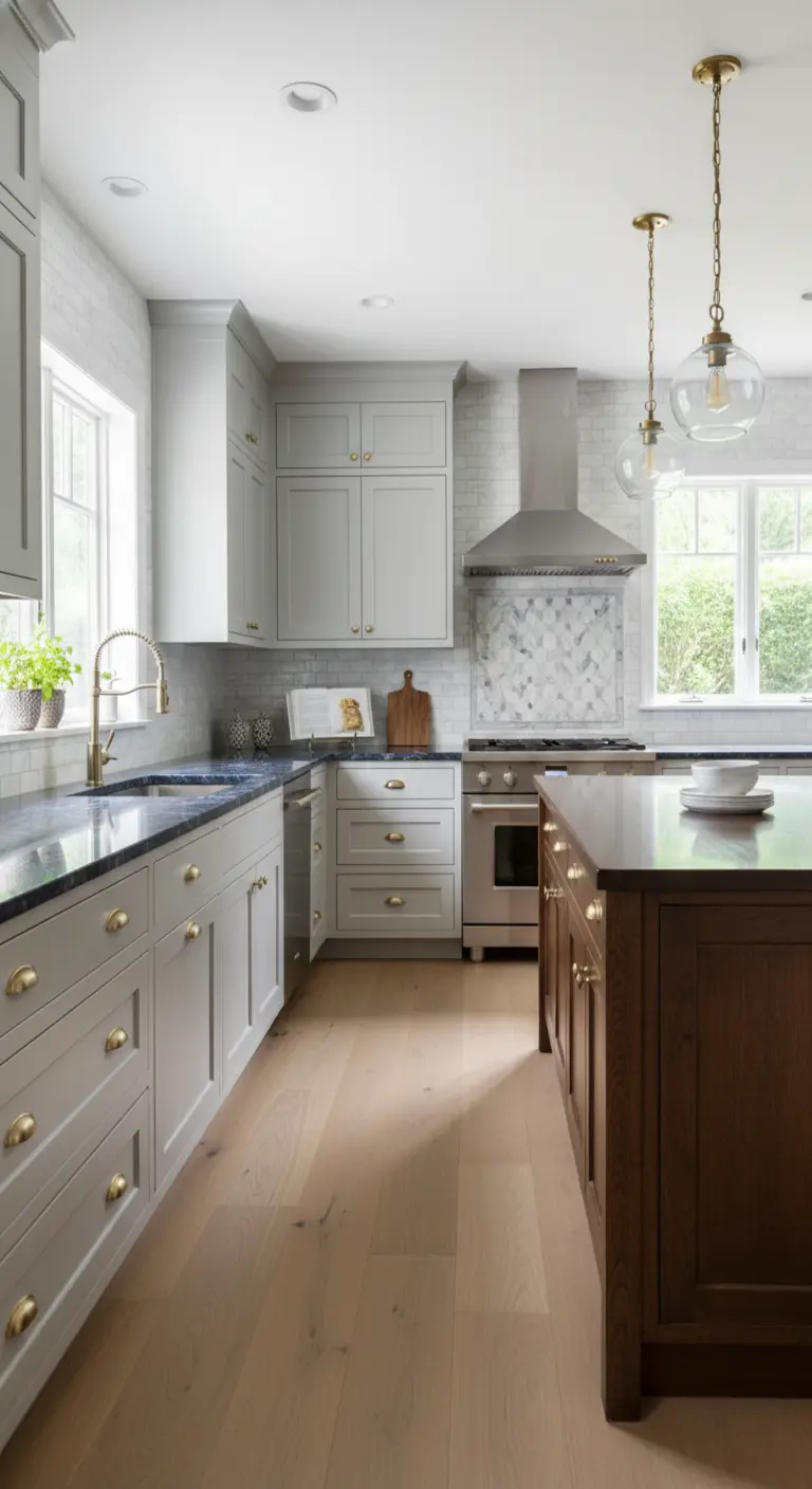 Cucina con mobili perimetrali grigi, isola in legno scuro e top in marmo blu.