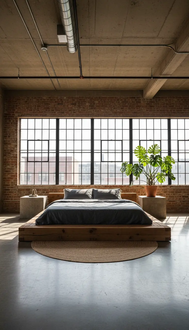 Letto basso su pedana in legno in un loft industrial con pareti di mattoni e pavimento in cemento.