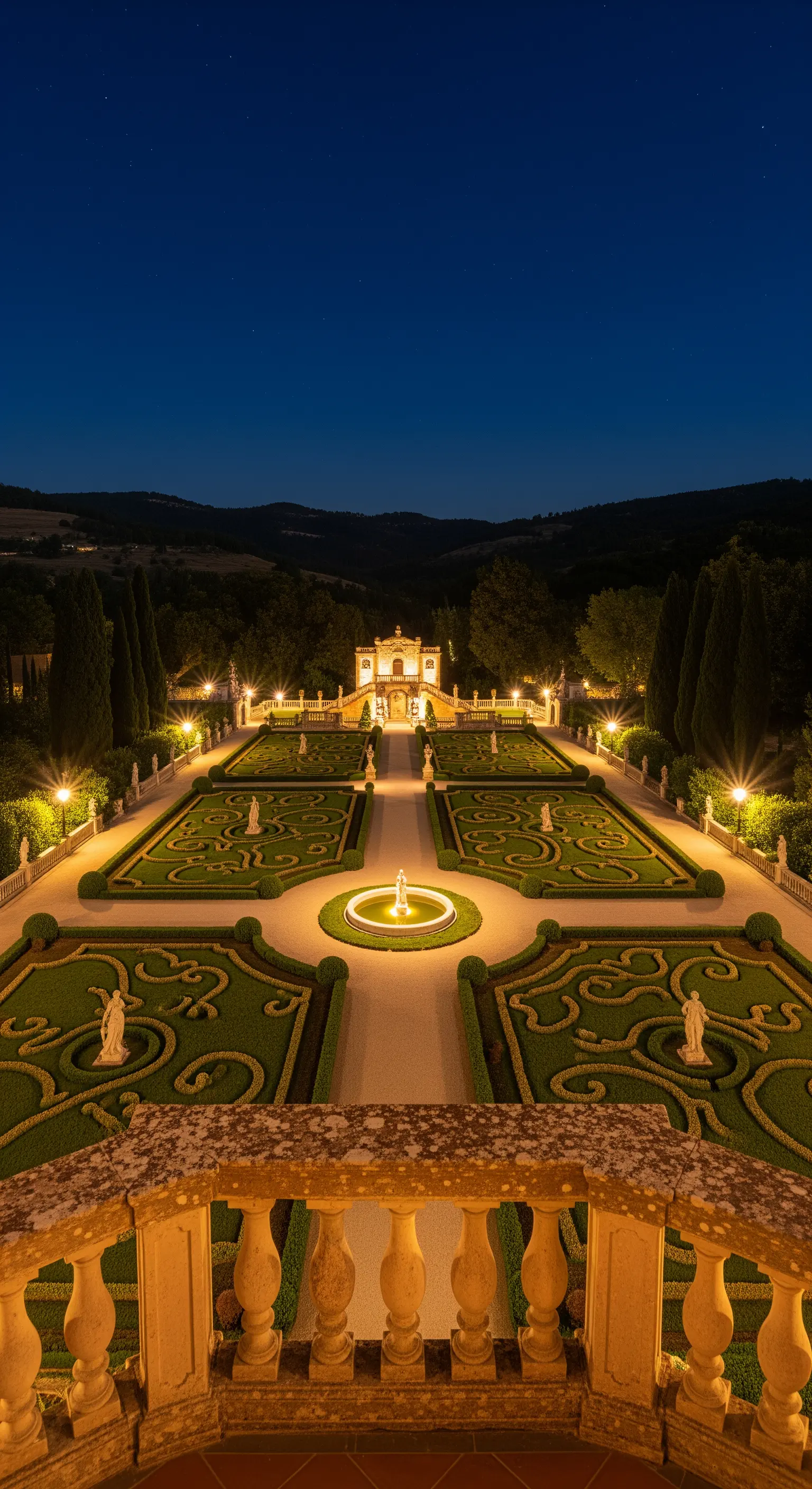 Vista panoramica notturna da una balconata su un vasto giardino all'italiana illuminato.