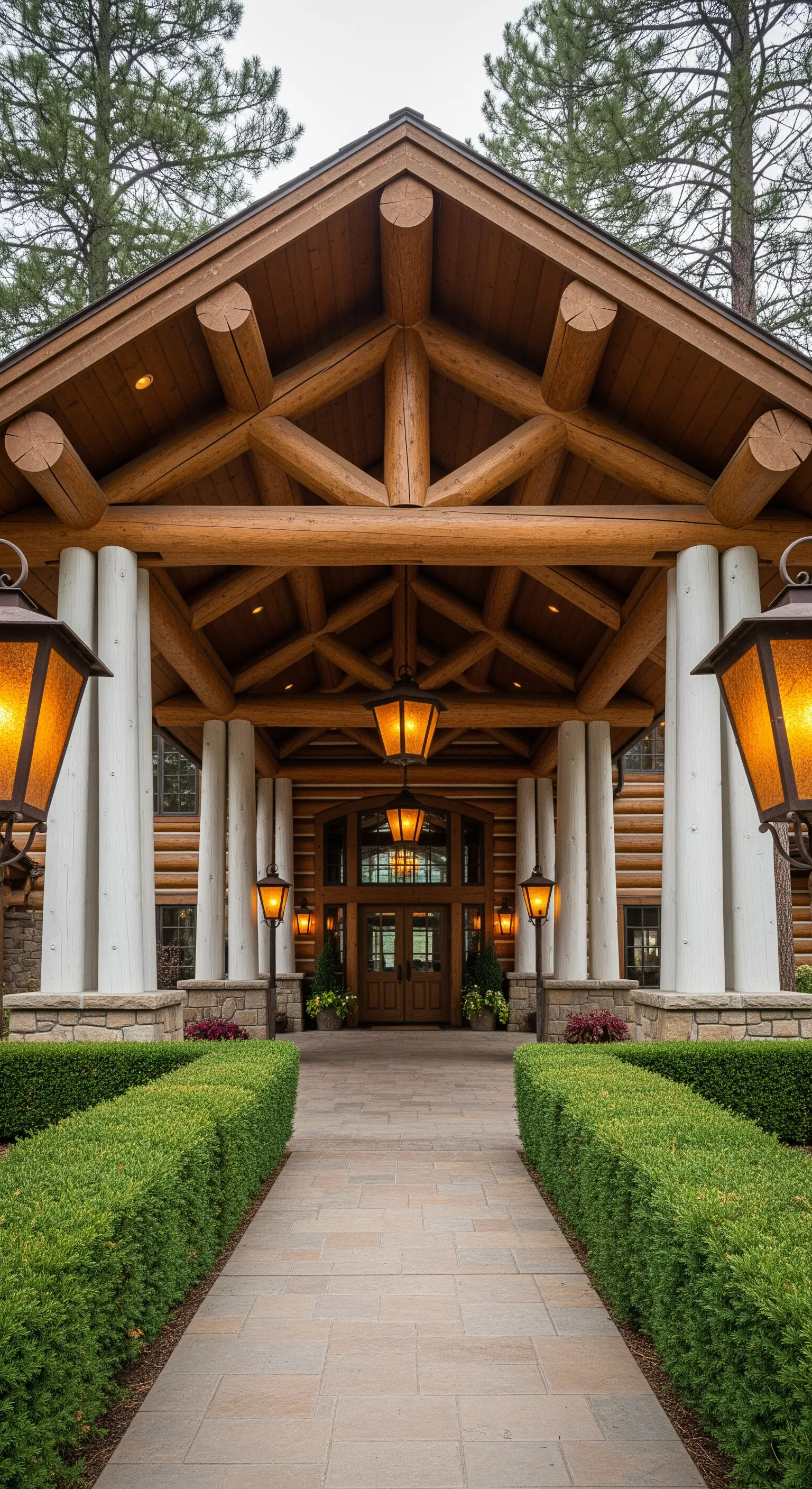 Ingresso di un lodge in legno con imponenti travi a vista e colonne strutturali dipinte di bianco.