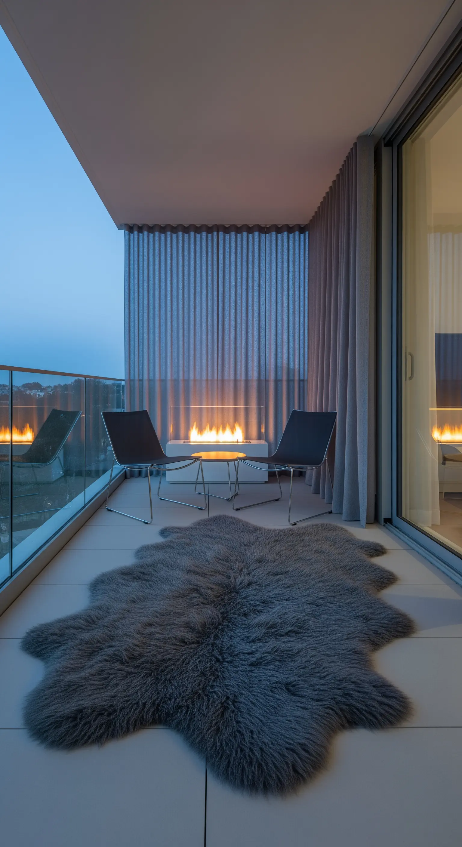 Balcone moderno e minimalista con biocamino, sedie di design e un tappeto grigio in pelliccia.