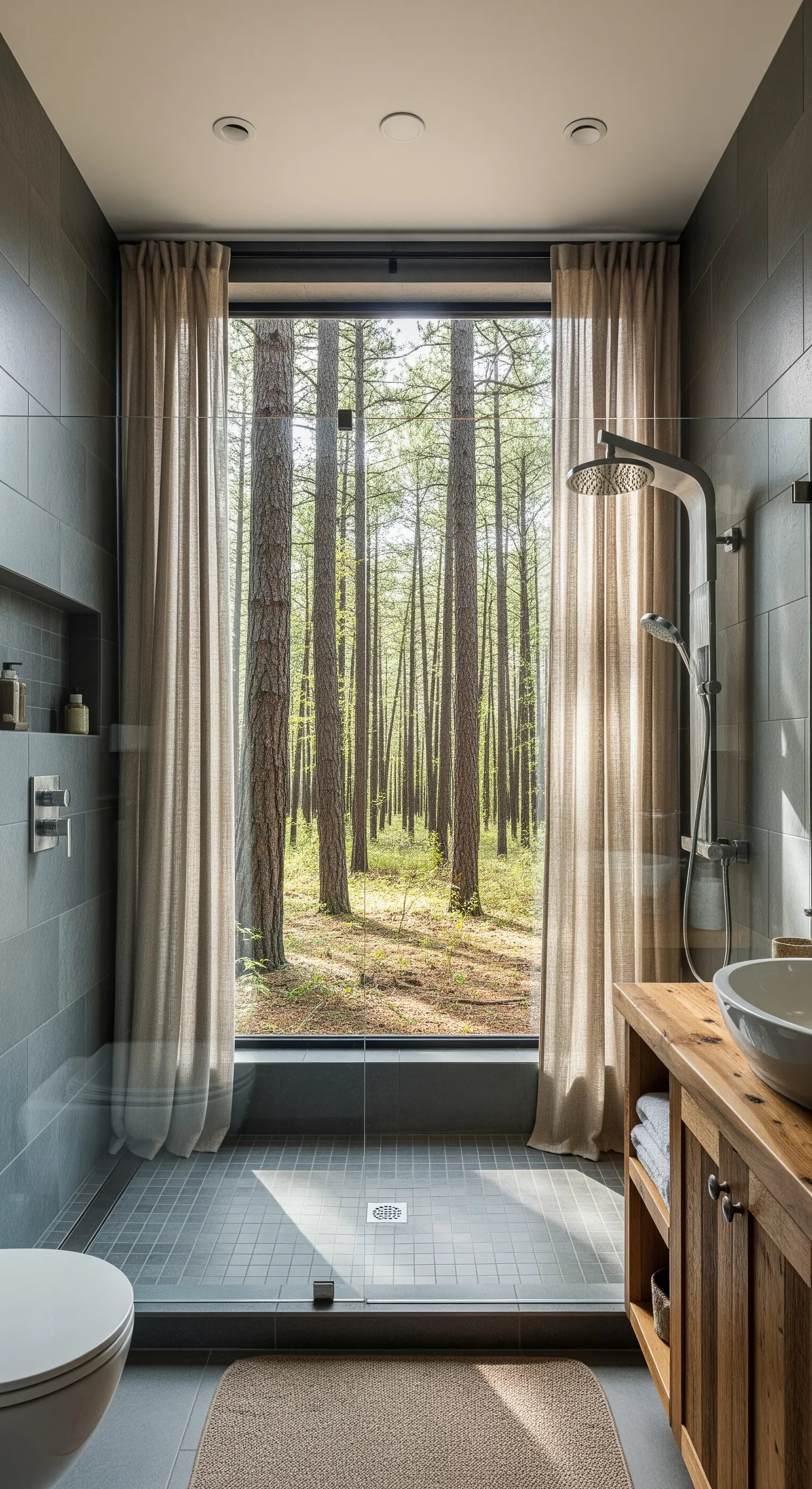 Doccia a filo pavimento con piastrelle grigie e una finestra a tutta altezza con vista sulla foresta.