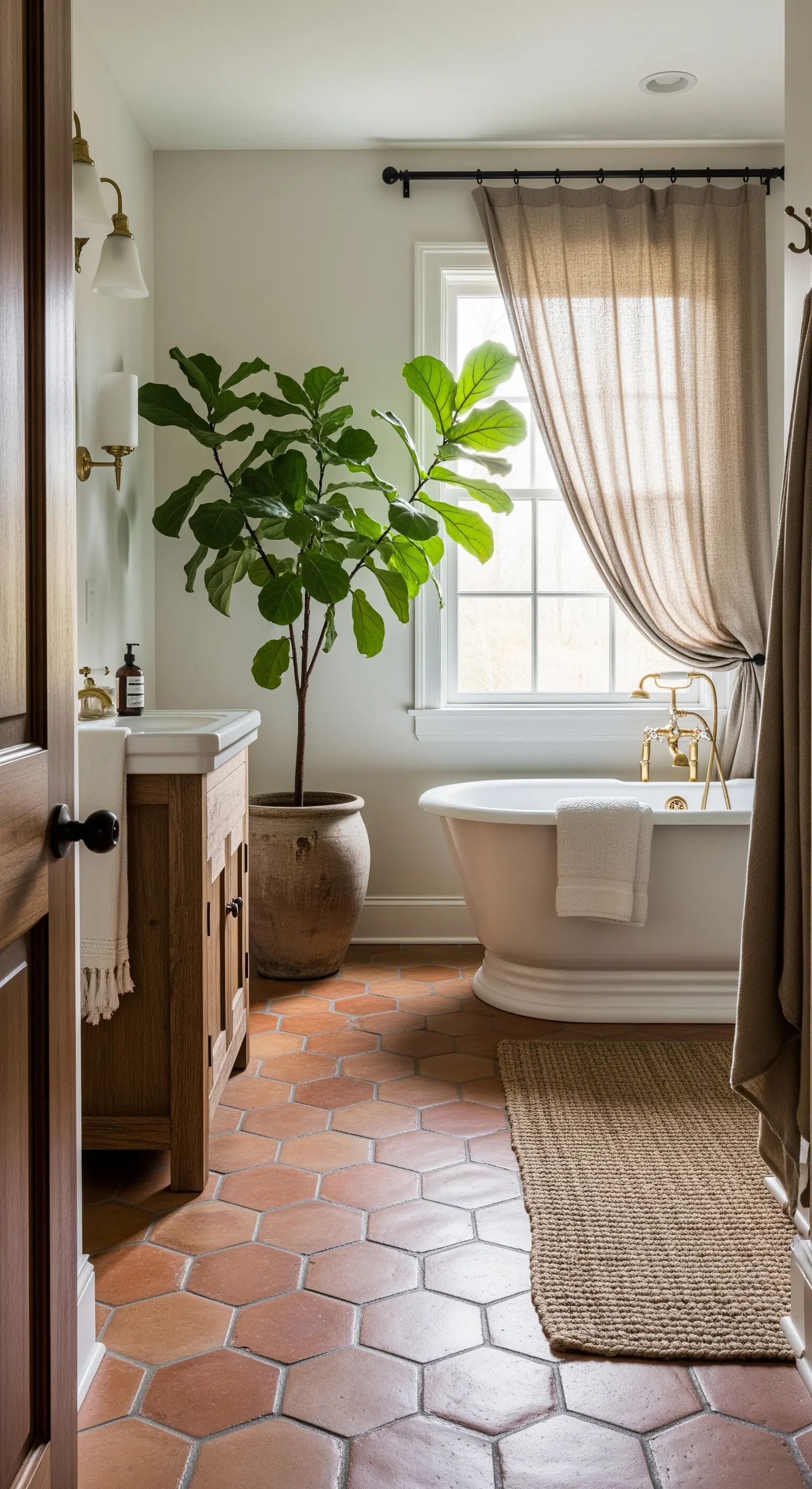 Bagno con pavimento in cotto esagonale, mobile in legno, grande pianta e vasca freestanding.