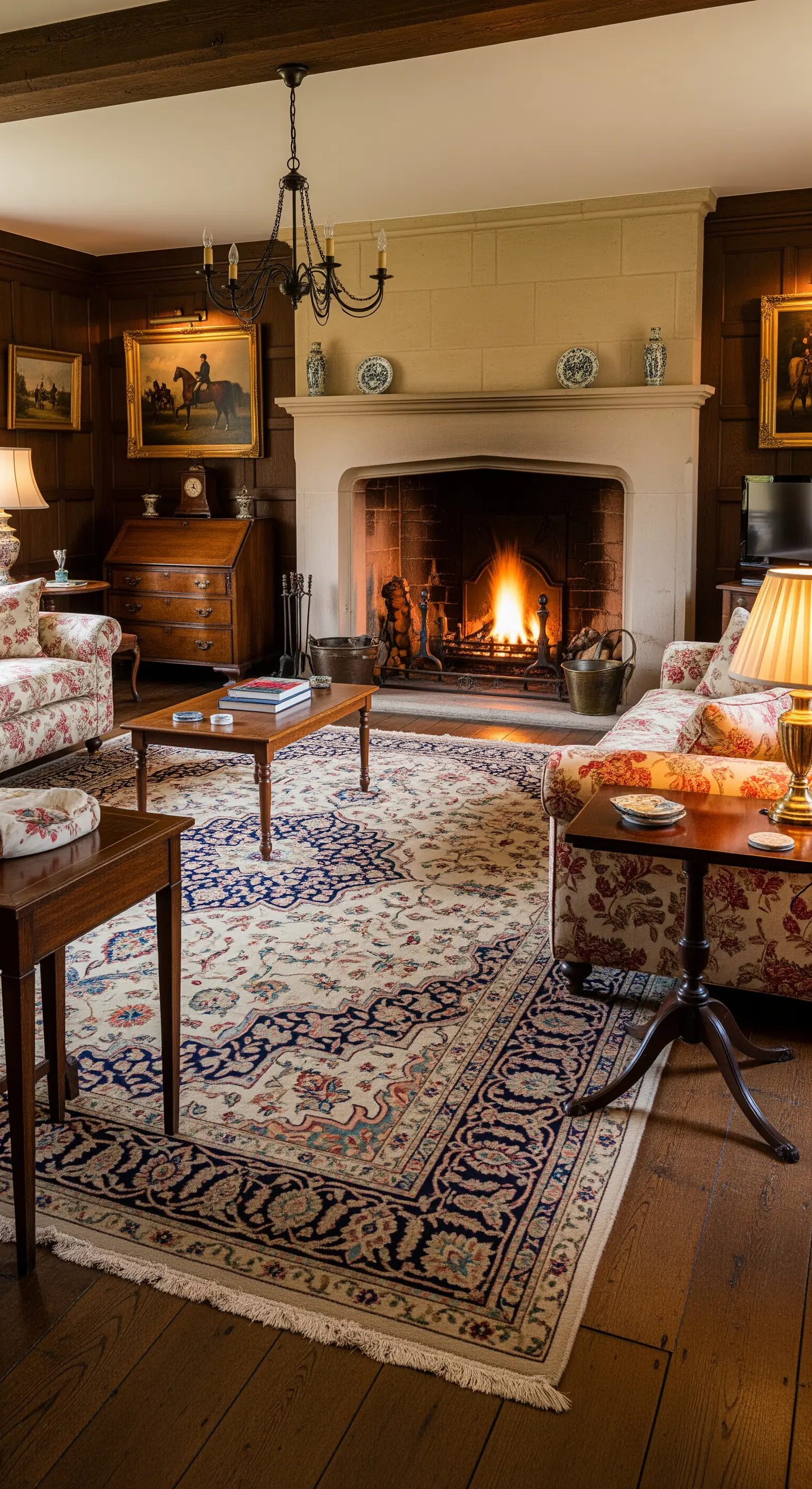 Soggiorno con boiserie in legno scuro, camino in pietra e divani floreali.