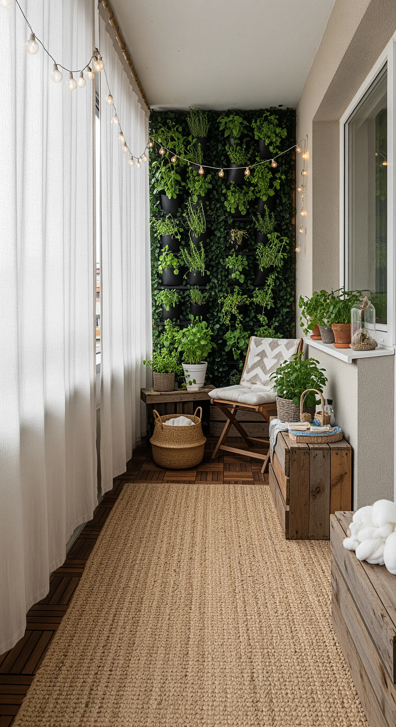 Balcone con parete verticale di piante, tenda bianca, tappeto in iuta e arredi in legno.