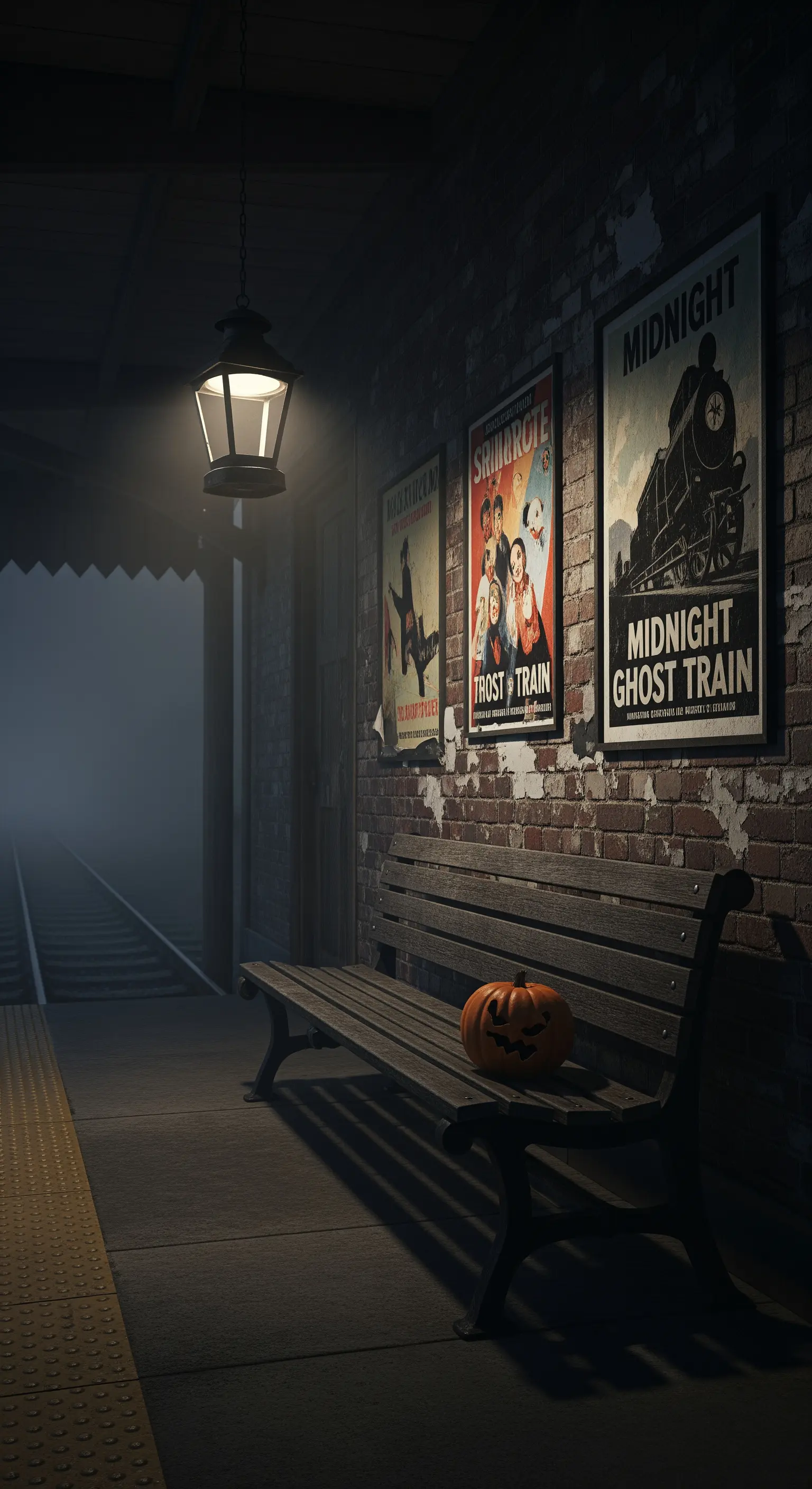 Binario di una stazione deserta di notte, con poster vintage e una zucca su una panchina.