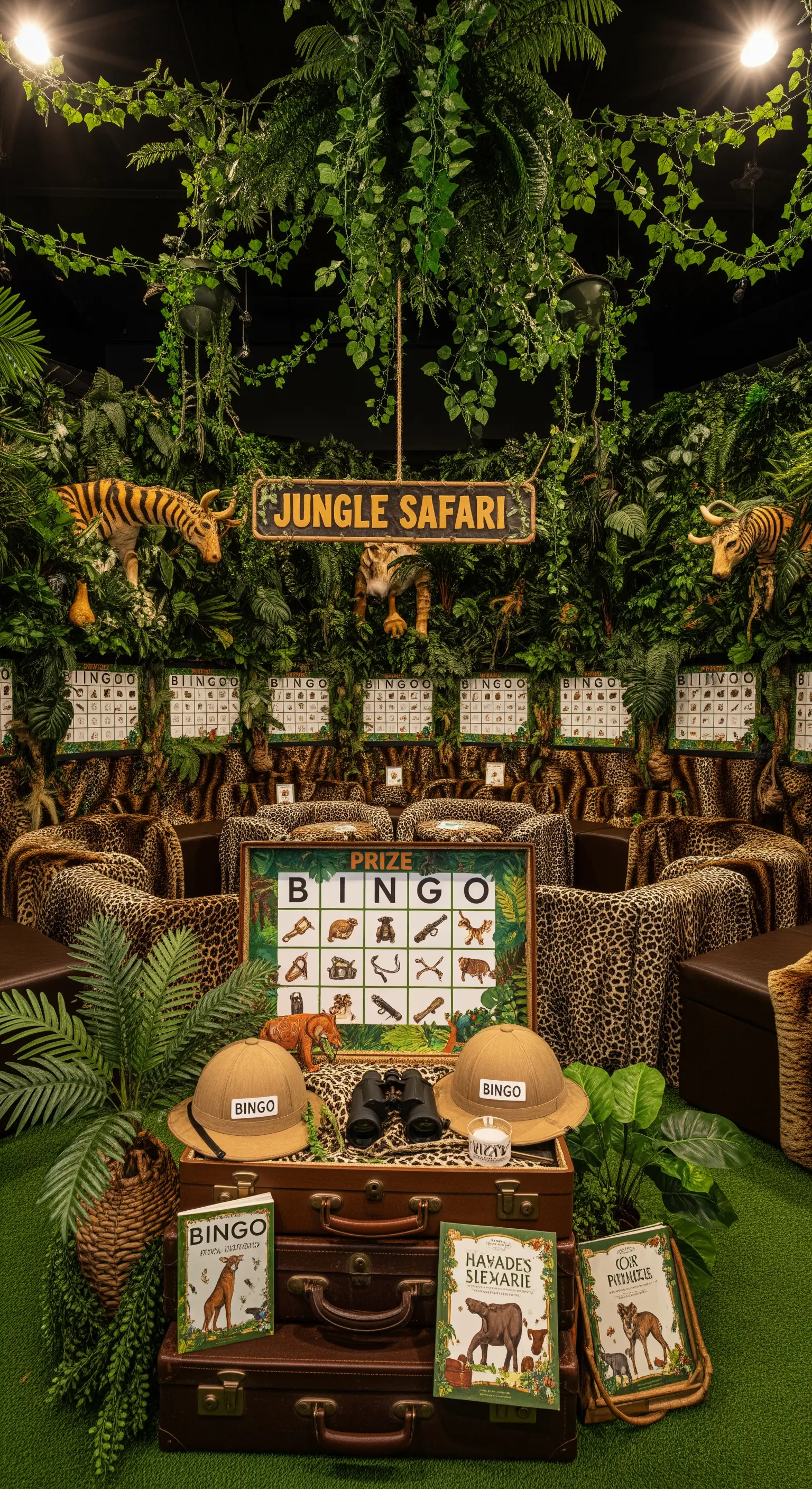 Un allestimento a tema giungla con piante finte, sedute animalier e un gioco del bingo a tema safari.