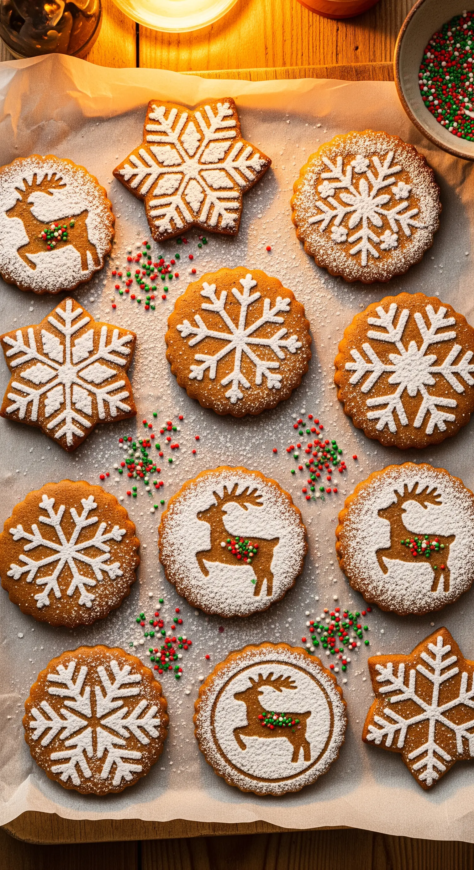 Biscotti di pan di zenzero natalizi decorati con stencil di fiocchi di neve e renne.