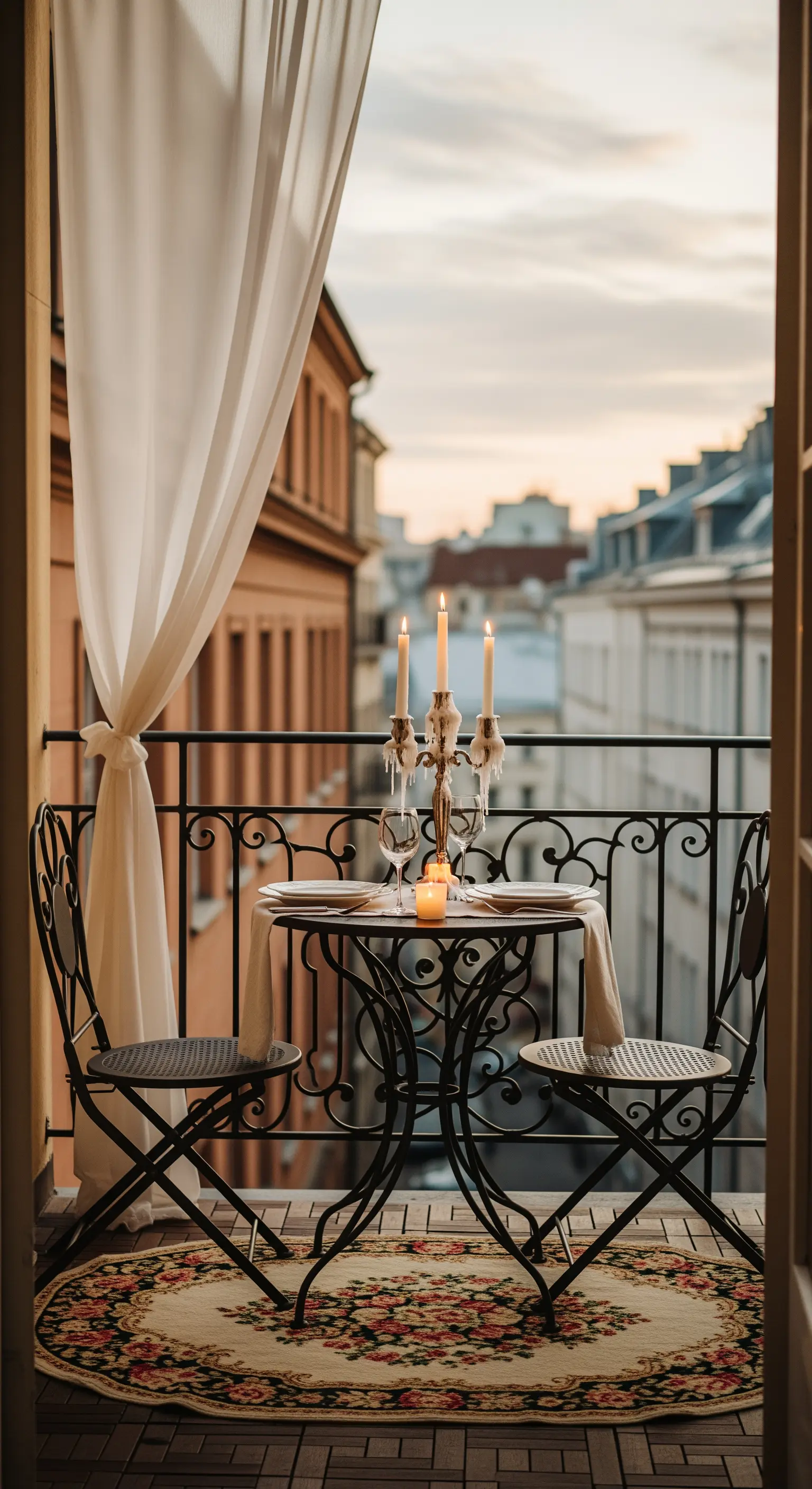 Piccolo balcone parigino con tavolo bistrot, sedie in ferro, candelabro e tappeto floreale.