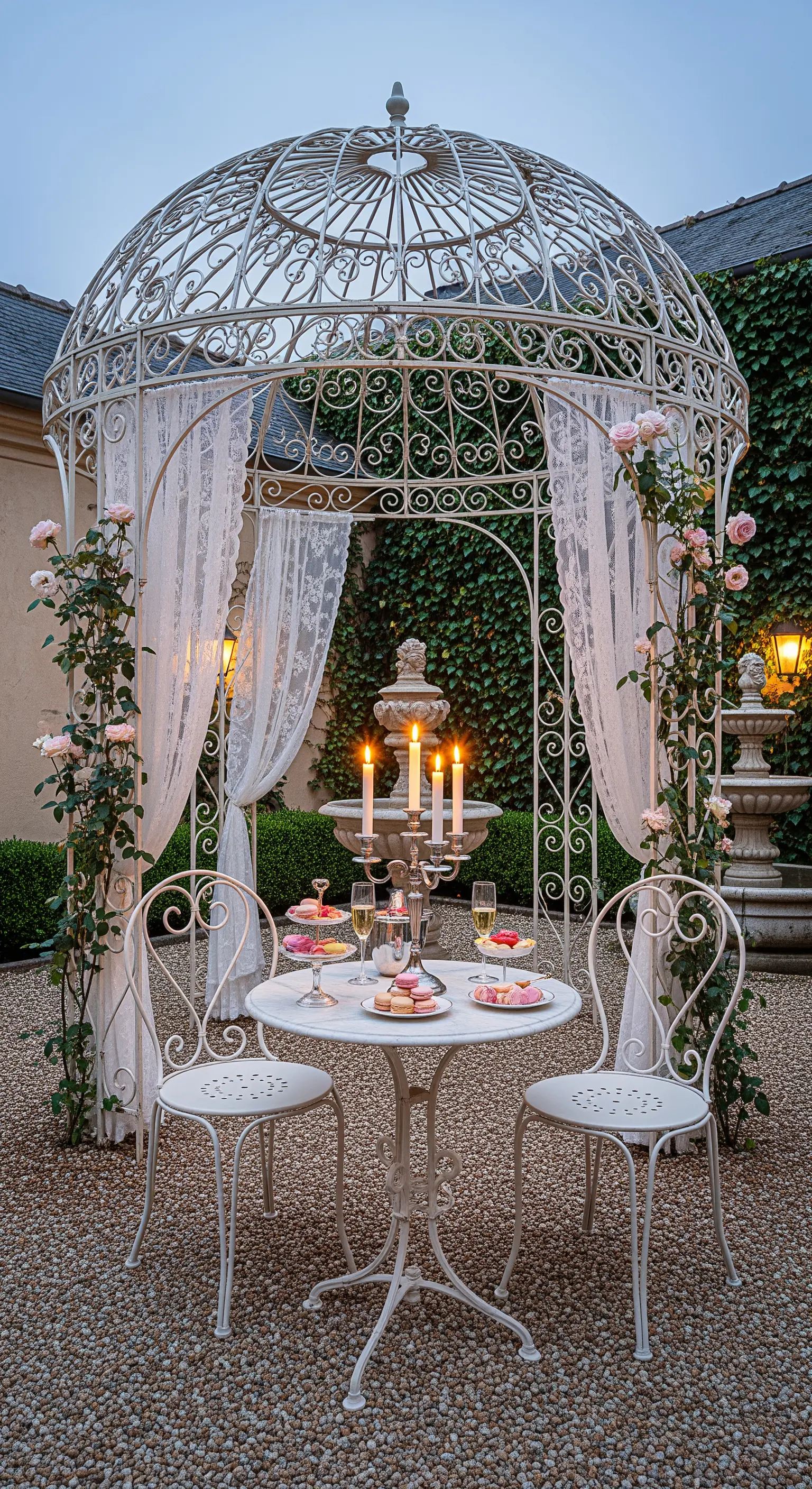Gazebo bianco in ferro battuto con tavolo da bistrot, sedie e candelabro in un cortile.