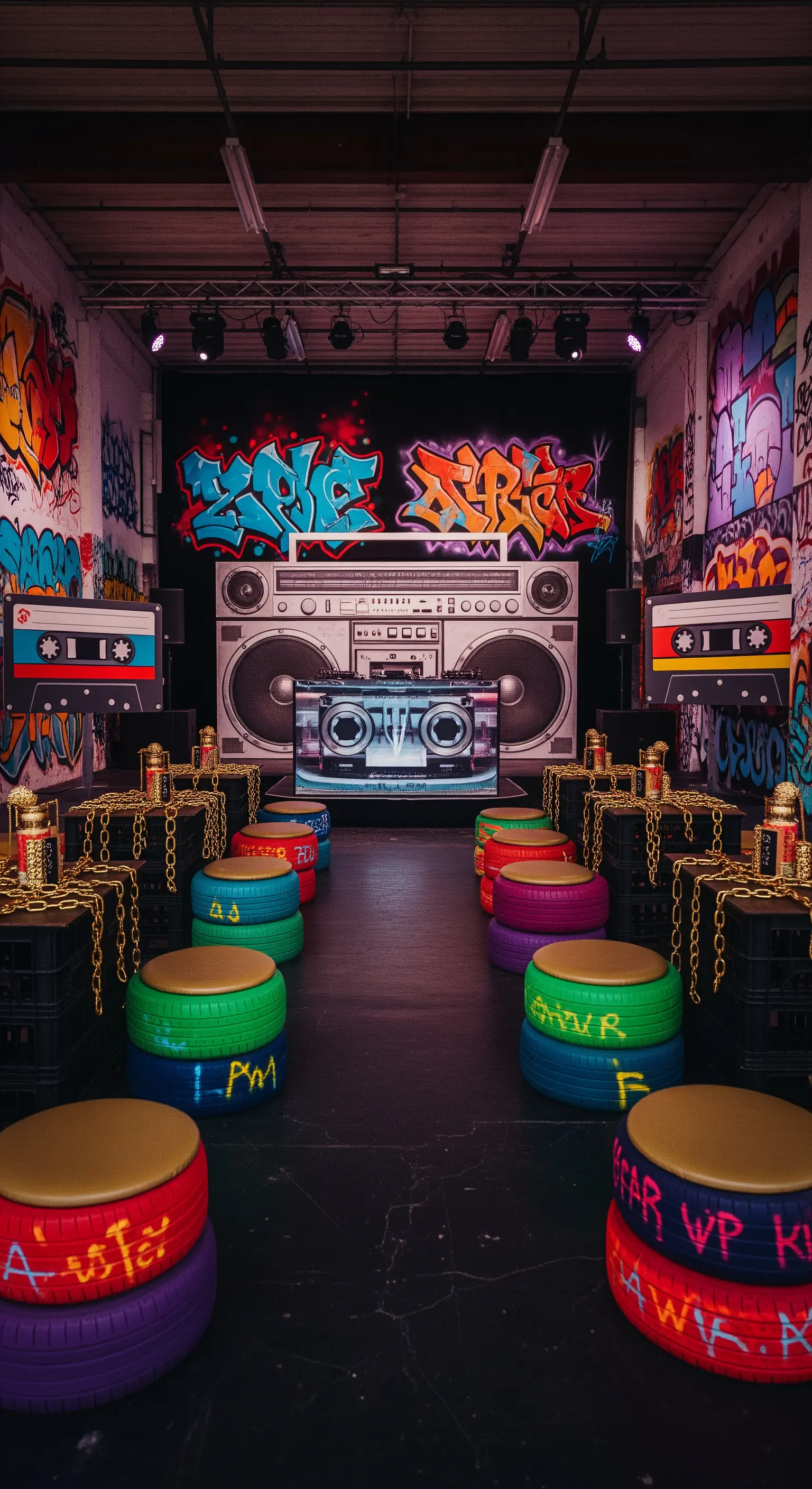 Allestimento a tema hip-hop con fondale a graffiti, boombox gigante e sedute fatte di pneumatici.