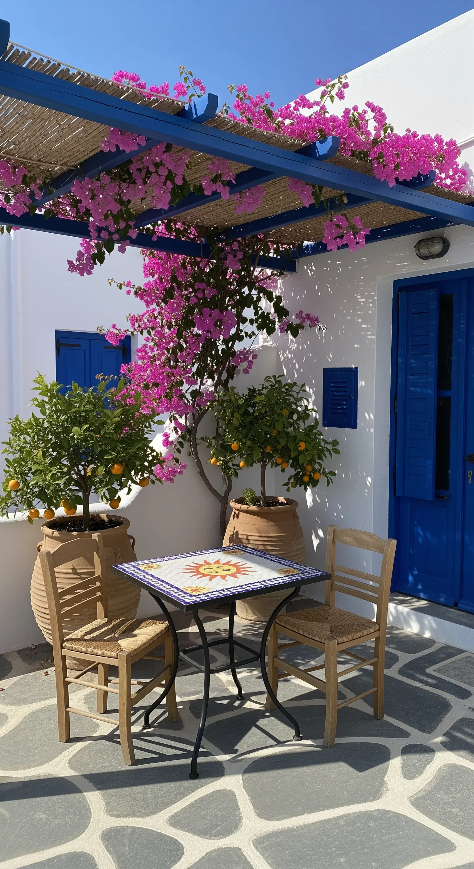 Angolo greco con tavolo in mosaico, bouganville rosa su pergola blu e alberi di agrumi.