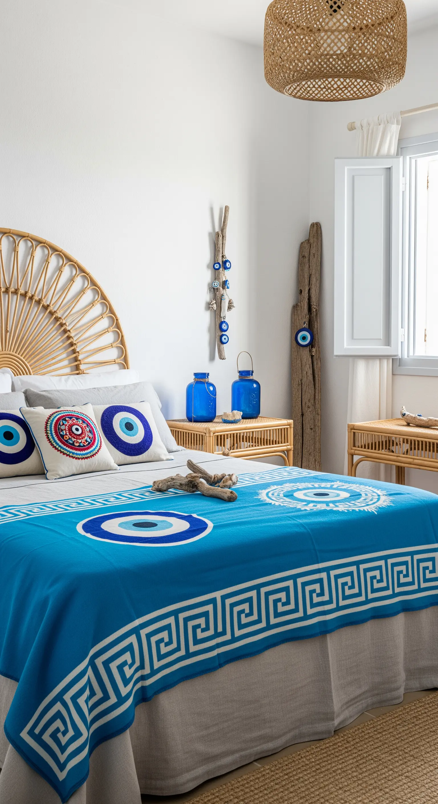 Letto con coperta blu e cuscini con motivo 