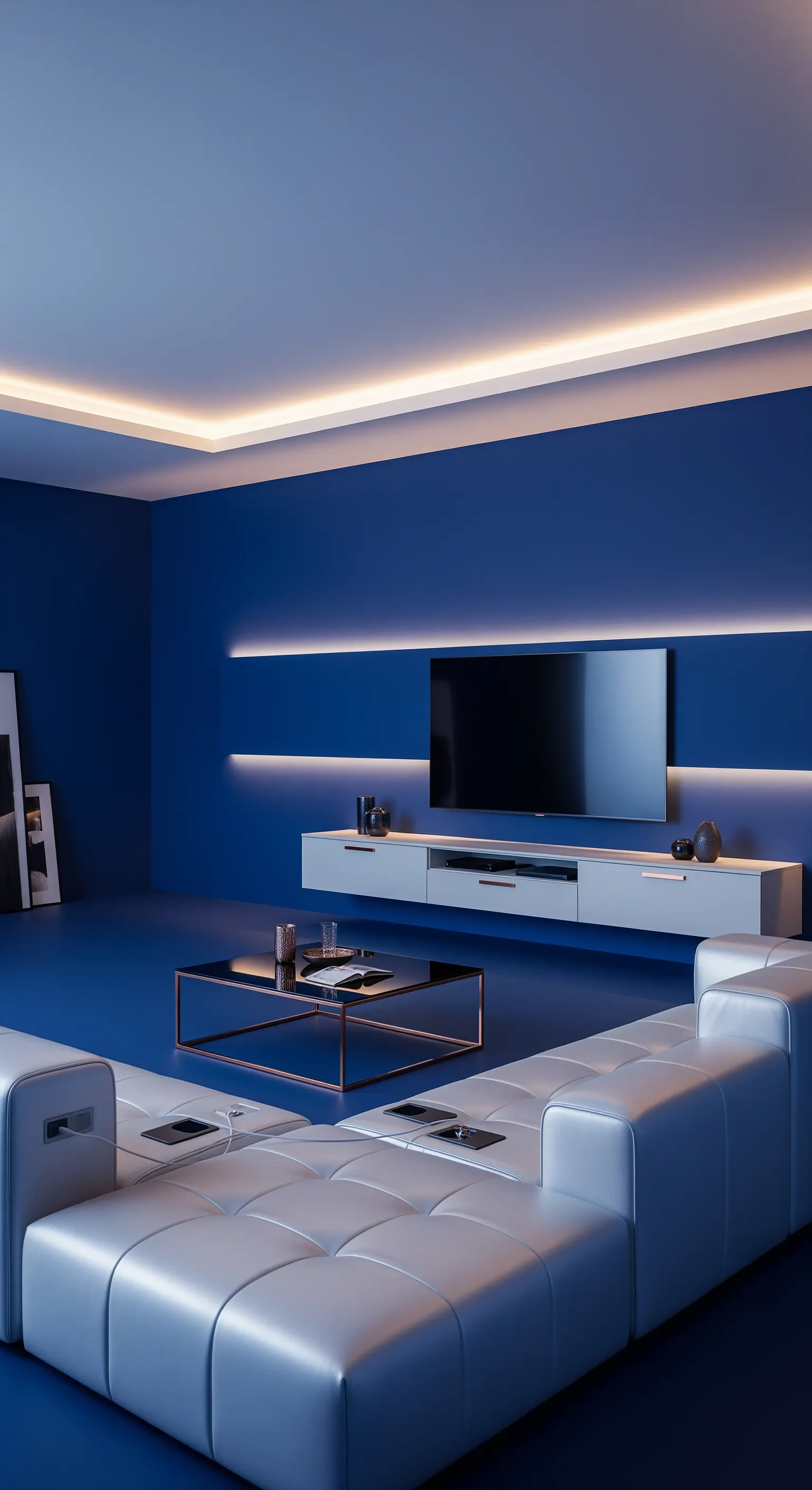 Salotto futuristico con pareti e pavimento blu elettrico, divano in pelle bianca e luci a LED.
